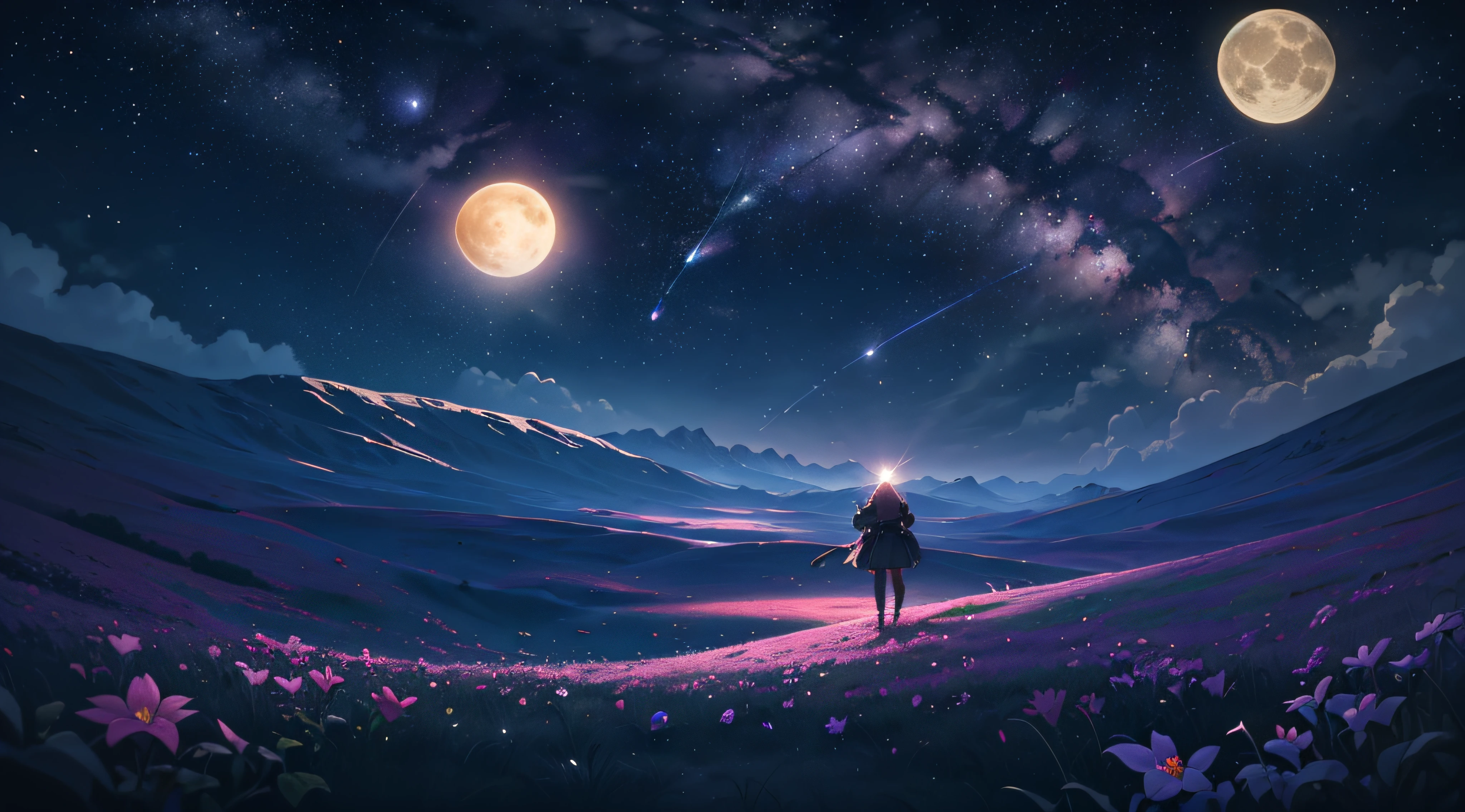 ((Best Quality)), ((Masterpiece)), Vast Landscape Photo, (From below, the sky above and the open field below), a girl standing on a flower field looking up, (Full Moon: 1.2), (Meteor: 0.9), (Nebula: 1.3), Far Mountains, Trees BREAK Making Art, (Warm Light Source: 1.2), (Firefly: 1.2), Lamps, Lots of Purple and Orange, Intricate Detailing, Volumetric Lighting, Realism BREAK (Masterpiece: 1.2), (Best Quality), 4K, Ultra-Detailed, (Dynamic Composition: 1.4), Very Detailed, Rich Detail, (Iridescent Colors: 1.2), (Glow, Atmospheric Lighting), Dreamy, Magical, (Solo: 1.2), Depth of Field, Maximum Sharpness and Clarity, Perfect Proportions,