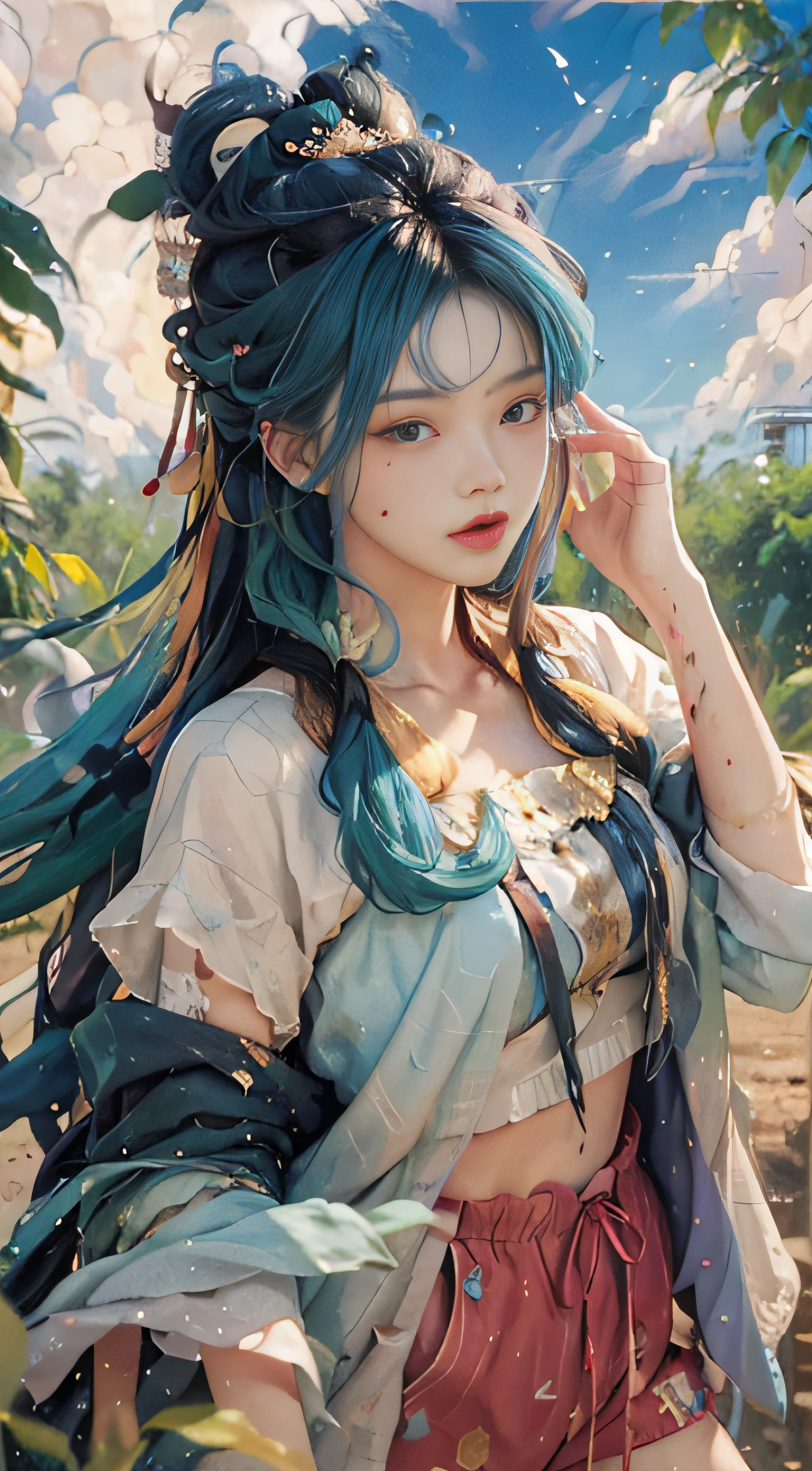 ((Beautiful detailed face)),((Colored hair)),((Striped hair)),((Flowing hair)),((Gale)),(Gradient eyes),(Colored eyes)))),(White Cloud background)))),(High saturation))),(((Surrounded by colored paint)))((Bust)))(((Bust)))), close-up of a woman in a blue jacket and shorts, she is dressed in street clothes, , There are neat rice seedlings in the field, forest, hillside, secluded, rural, HD detail, hyper-detail,