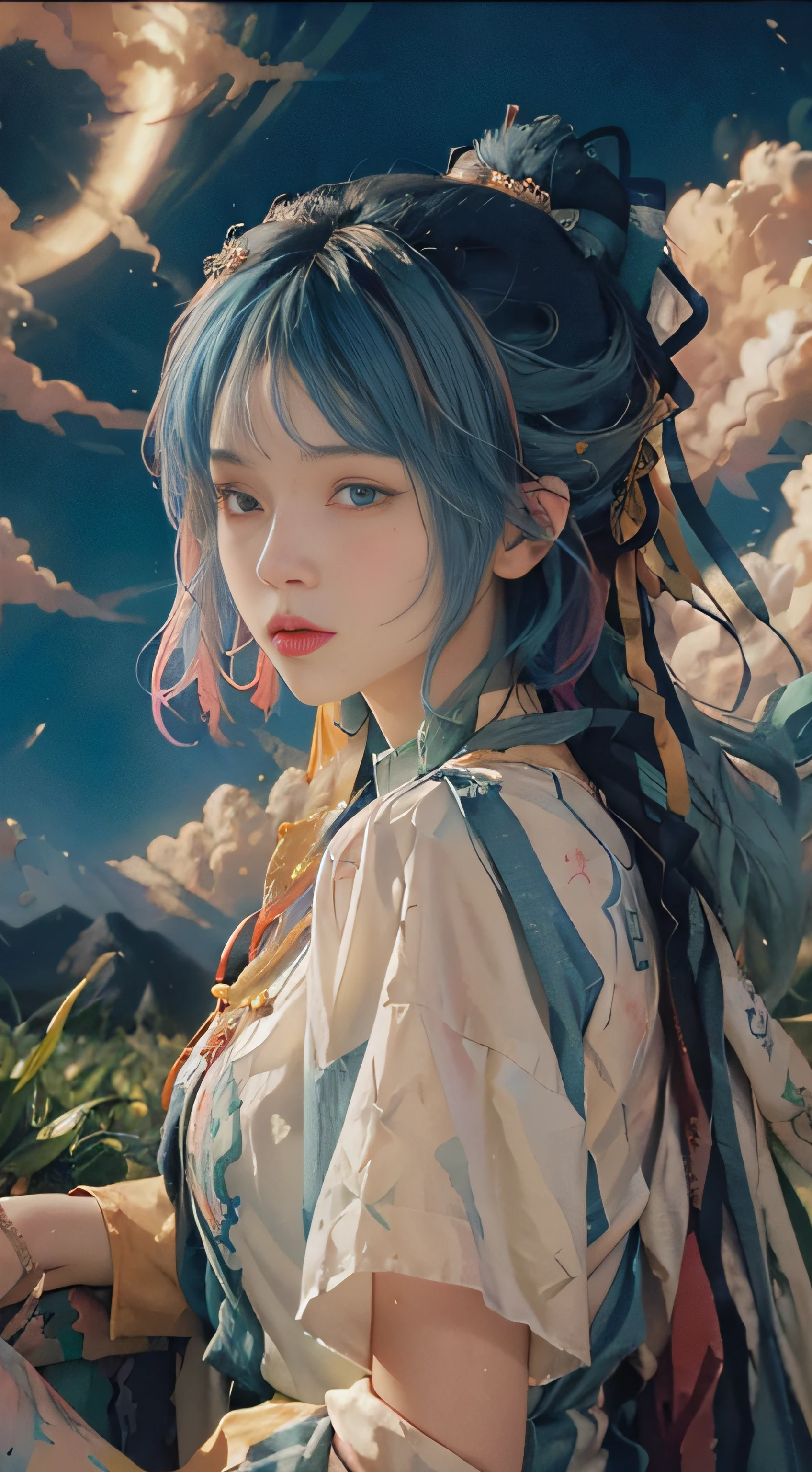 ((Beautiful detailed face)),((Colored hair)),((Striped hair)),((Flowing hair)),((Gale)),(Gradient eyes),(Colored eyes)))),(White Cloud background)))),(High saturation))),(((Surrounded by colored paint)))((Bust)))(((Bust)))), close-up of a woman in a blue jacket and shorts, she is dressed in street clothes, , There are neat rice seedlings in the field, forest, hillside, secluded, rural, HD detail, hyper-detail,