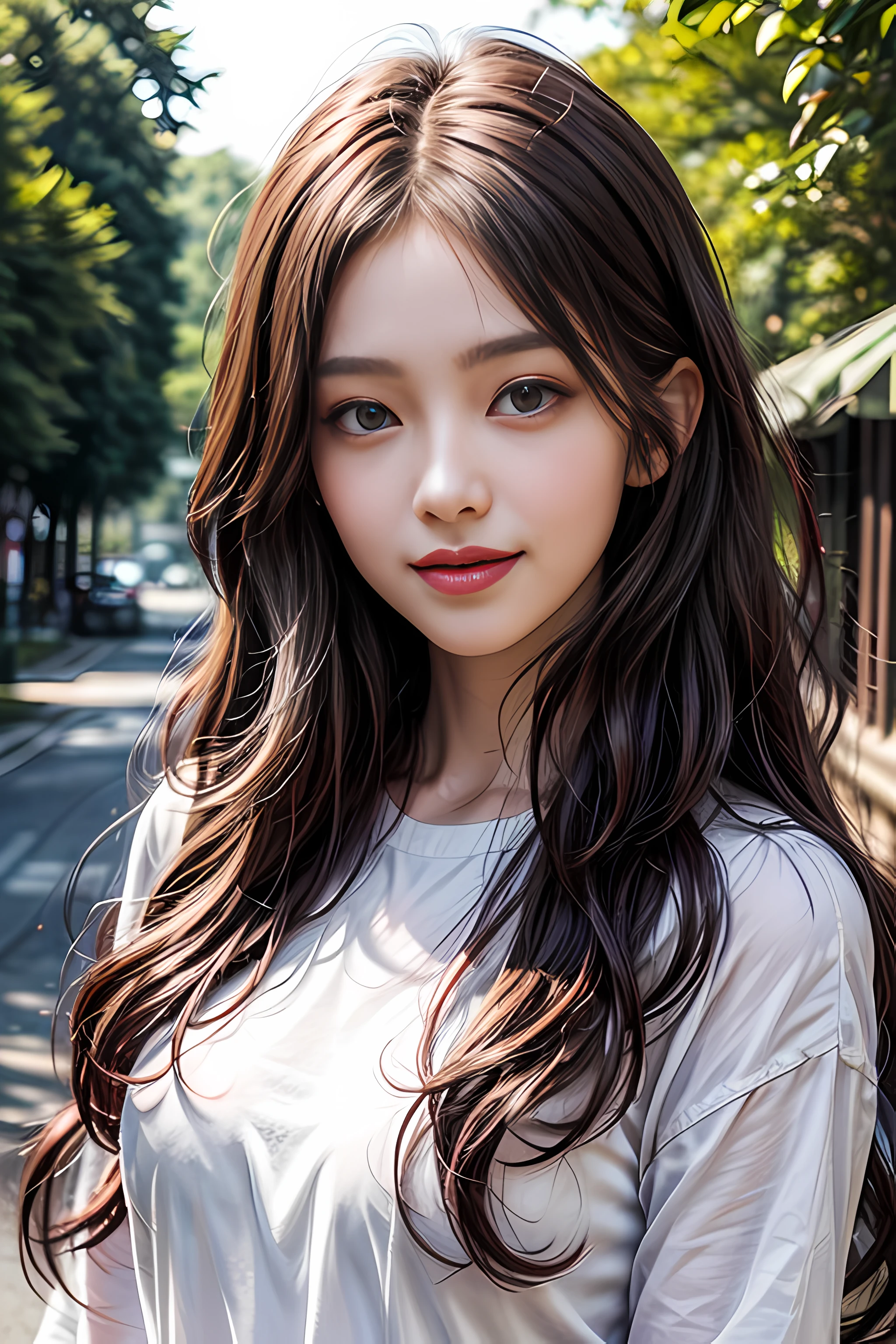 detailed eyes, detailed face, best quality , smile, (facing front), looking at viewer, white shirt, sunny day, outdoor, 1girl upperbody, dark purple red chocolate color hair dye, long way hair, thin hair, long wave hair, wavy hair, ombre hair, curly hair