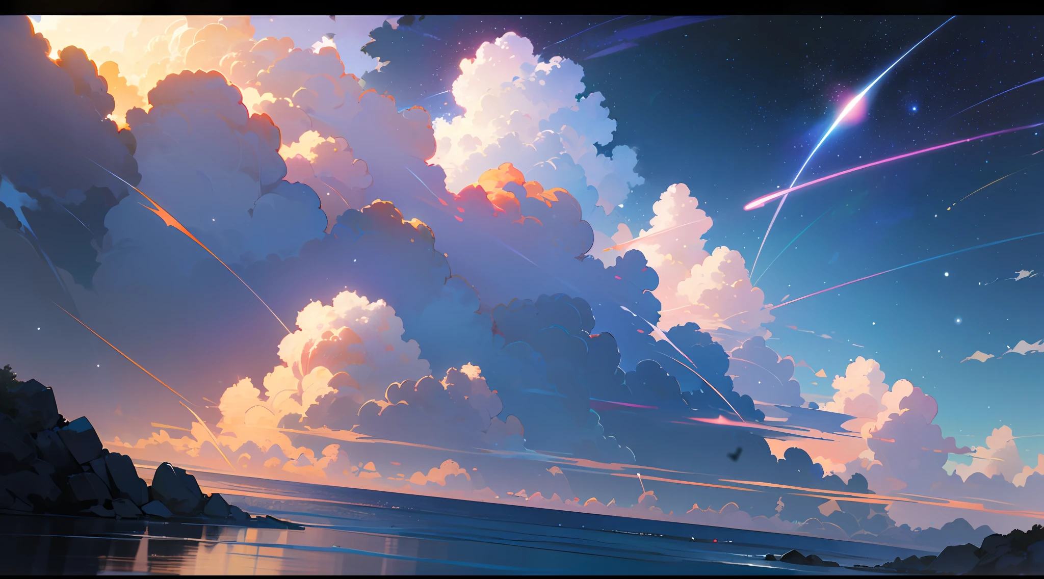 There is a picture of the sky with clouds and stars, space sky. By Makoto Shinkai, Anime Sky, Anime Clouds, Blue Sea. Makoto Shinkai, Makoto Shinkai's style, Makoto Shinkai's style, Los Tran. Inspired by the scenic background, Makoto Shinkai, Makoto Shinkai. - H 2160, summer, Makoto Shinkai concept art, tumblr, magical realism, beautiful anime scene, beautiful sky. Makoto Shinkai, ((新海誠)), anime background art, anime background, Makoto Shinkai's style, anime movie background, galaxy express, no human