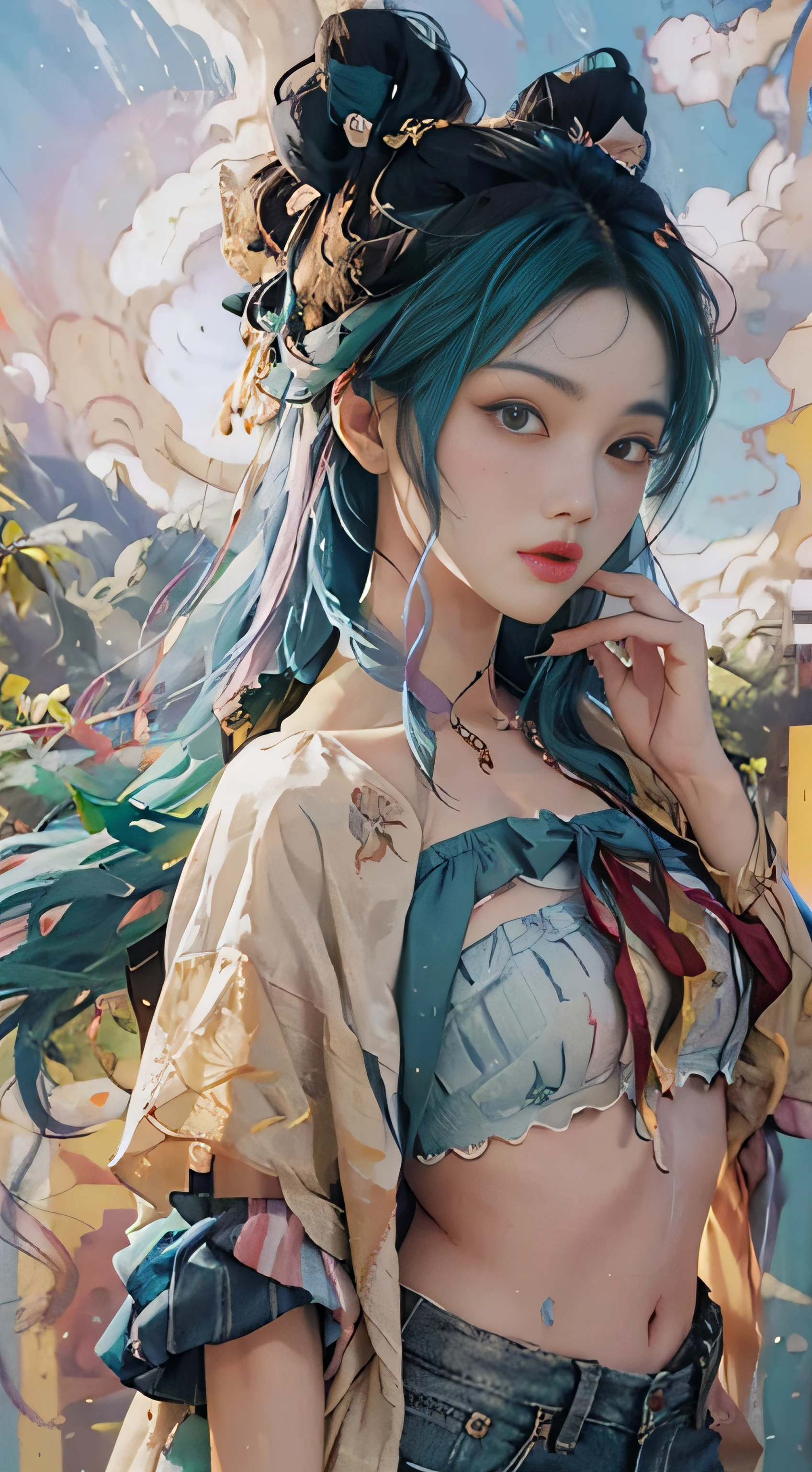 ((Beautiful detailed face)),((Colored hair)),((Striped hair)),(Gradient eyes),(Colored eyes)))),(White Cloud background))),(High saturation)))))(((Surrounded by colored paint)))((Bandeau))(((Bust)))), close-up of a woman in a blue jacket and shorts, she is dressed in street wear,, Neat rice seedlings in the field, forest, hillside, secluded, countryside, HD details, hyper detail,