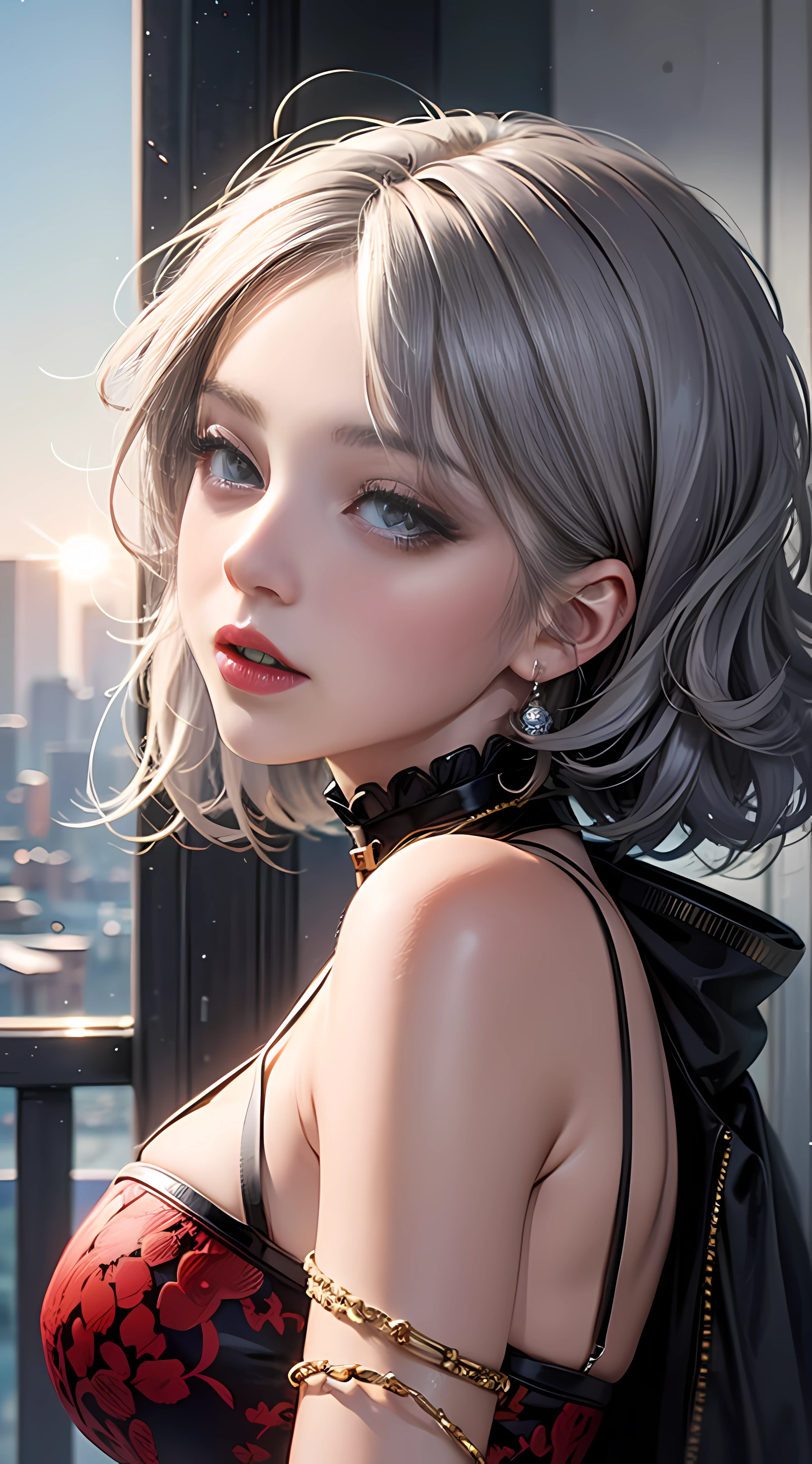 Ultra high quality，8K，gal girl，Sexy high cold，Enchanting，The head proportions are perfect，Short black and gray hair，Flaming red lips，Swan neck，the sun is shining wide shot