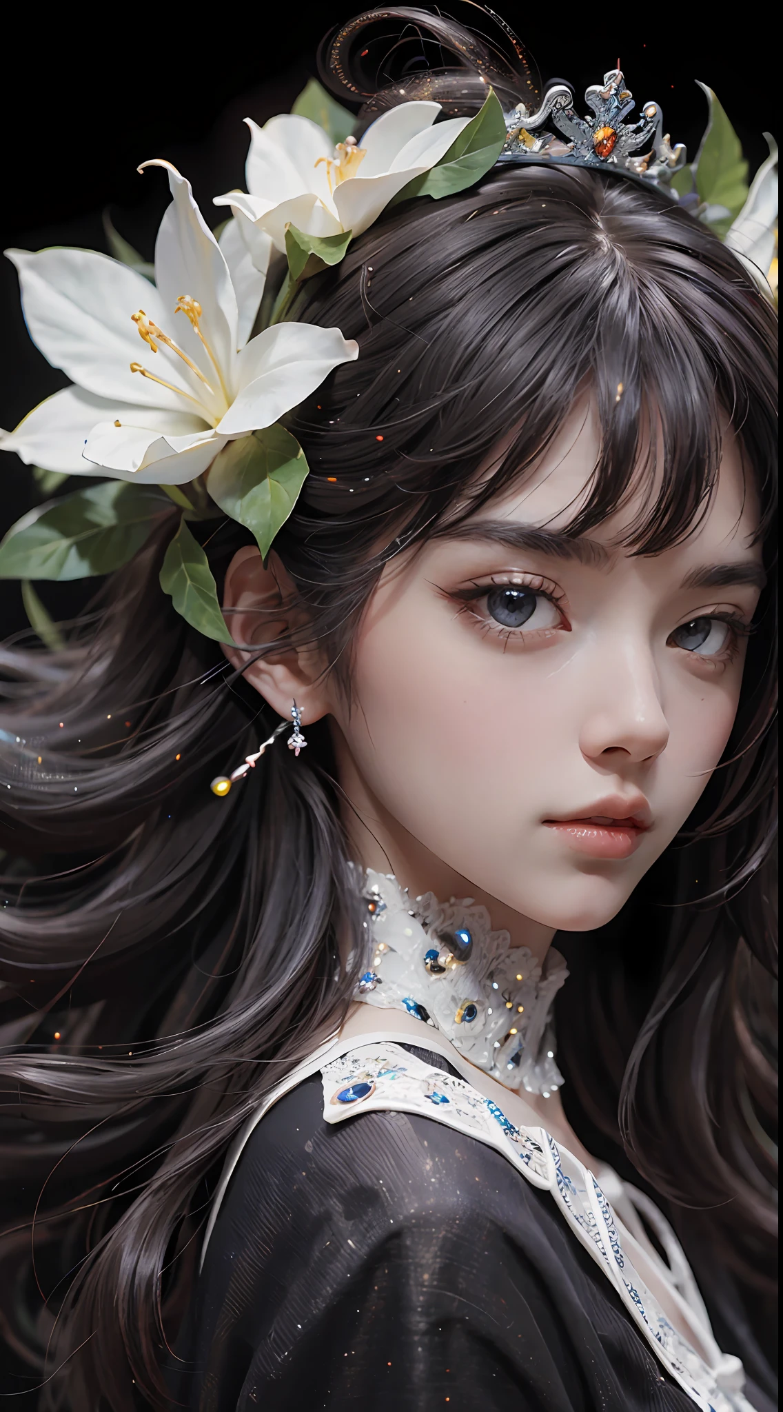 (Abstract Art:1.4), The Masterpiece, beste Quality, ultra-highresolution, 1girls, flower tiara,Nice face,Nice lighting on black background,The character style rendered by Octane,gorgeous sacred girl,Floating hair