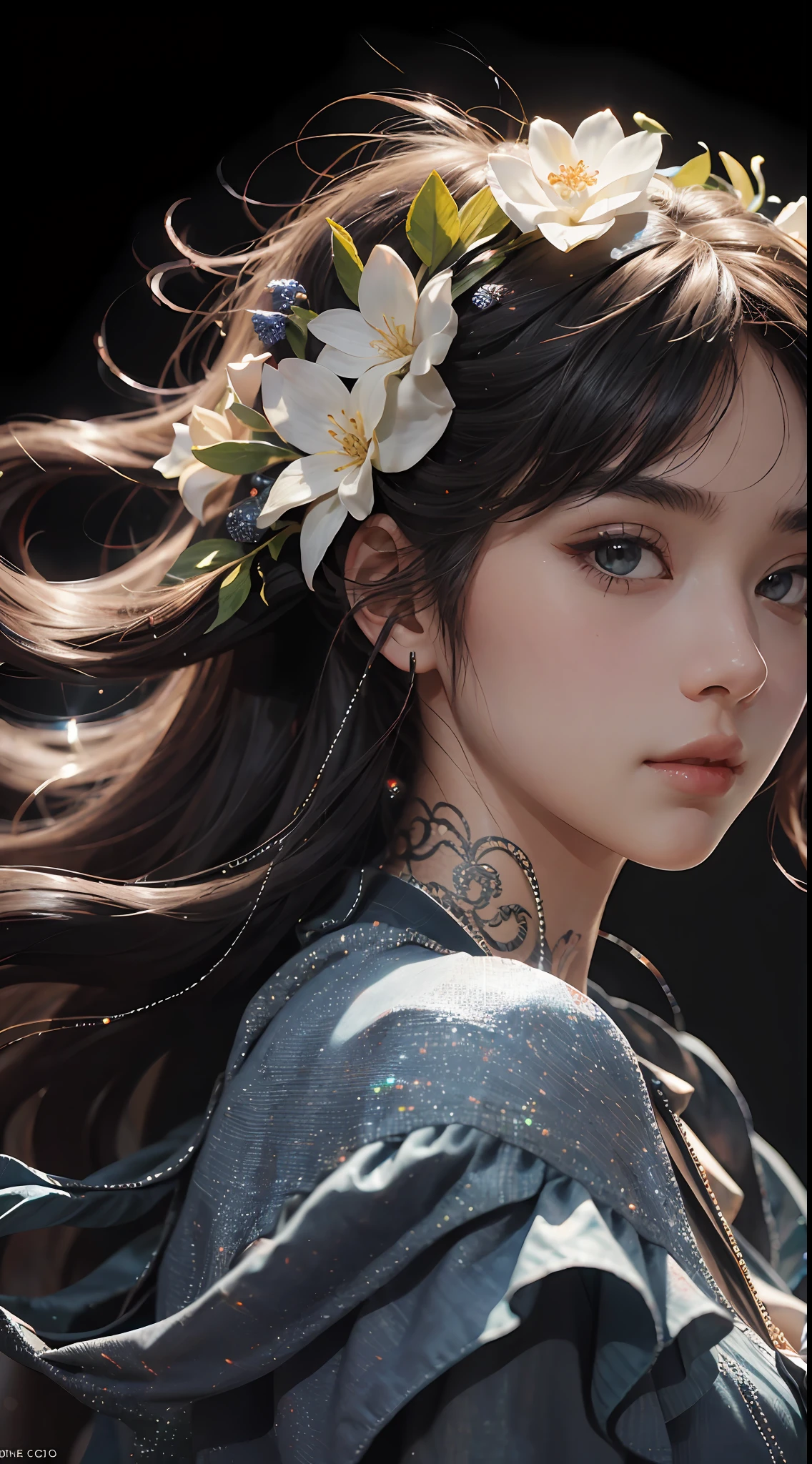 （Abstract Art：1.4）， The Masterpiece， beste Quality， ultra-highresolution， 1girls， flower tiara，Nice face，Nice lighting on black background，The character style rendered by Octane，gorgeous sacred girl，Floating hair