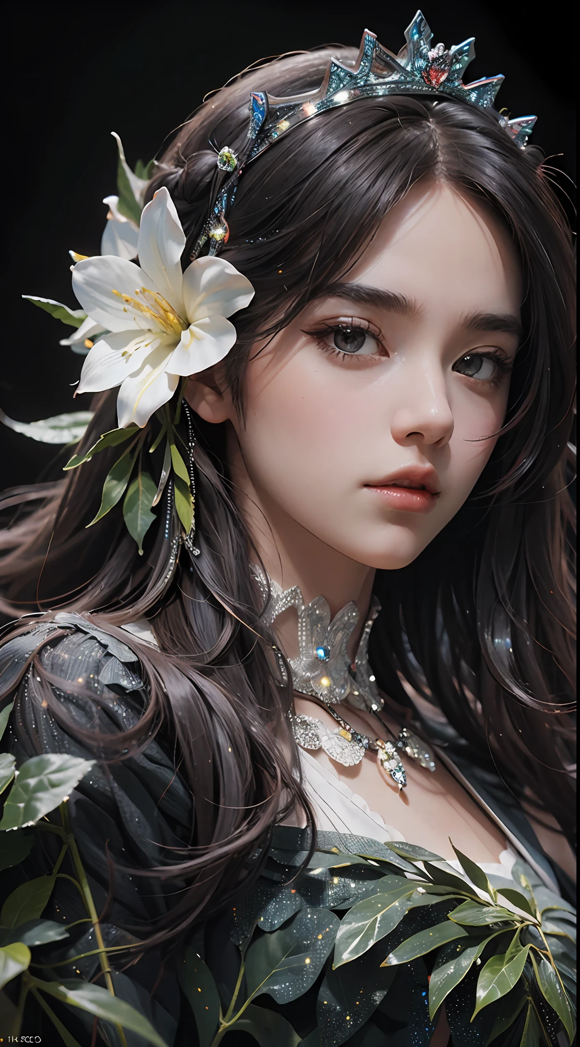 （Abstract Art：1.4）， The Masterpiece， beste Quality， ultra-highresolution， 1girls， flower tiara，Nice face，Nice lighting on black background，The character style rendered by Octane，gorgeous sacred girl，Floating hair