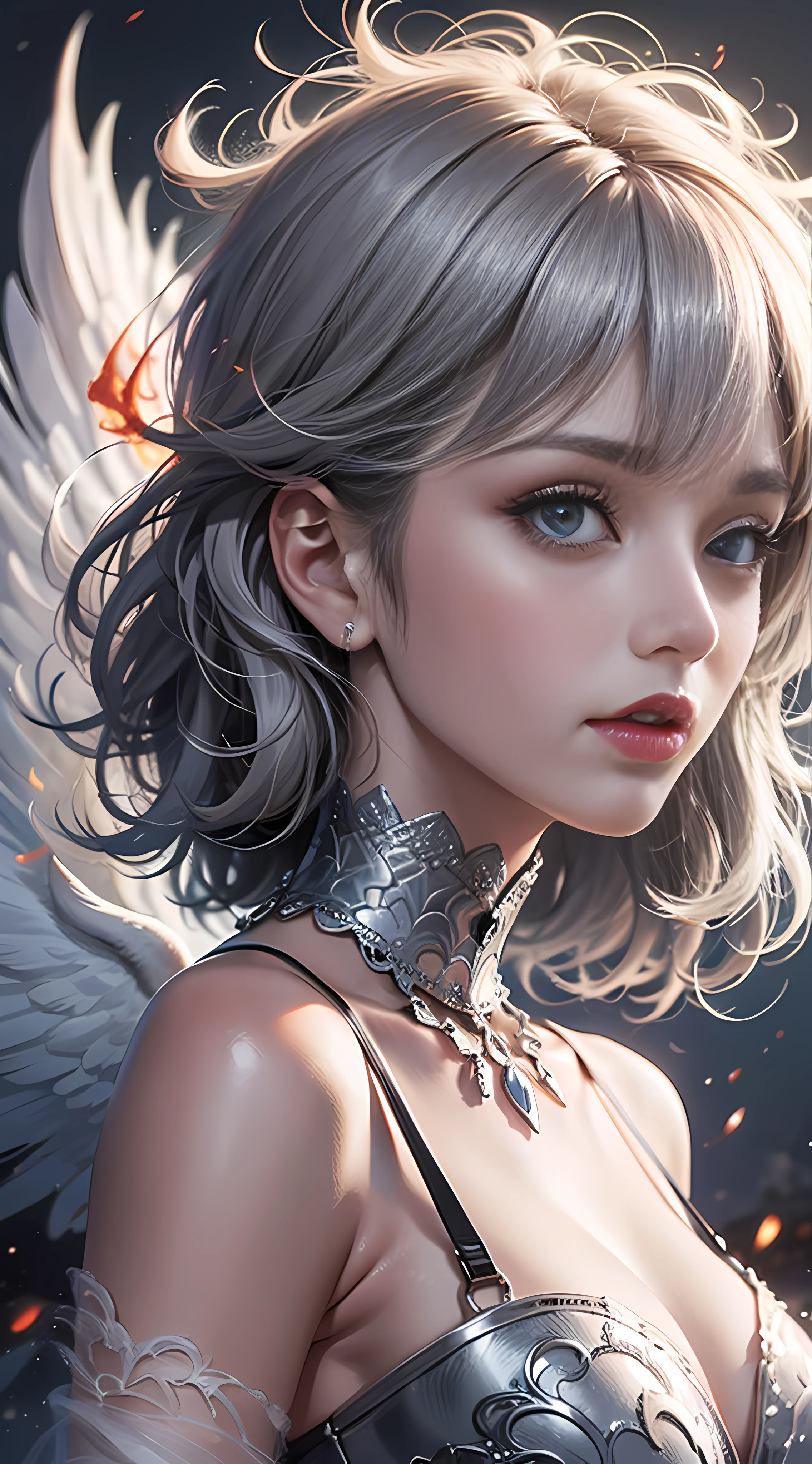 Ultra high quality,8K,gal girl,Sexy high cold,Enchanting,The head proportions are perfect,Short black and gray hair,Flaming red lips,Swan neck,the sun is shining wide shot