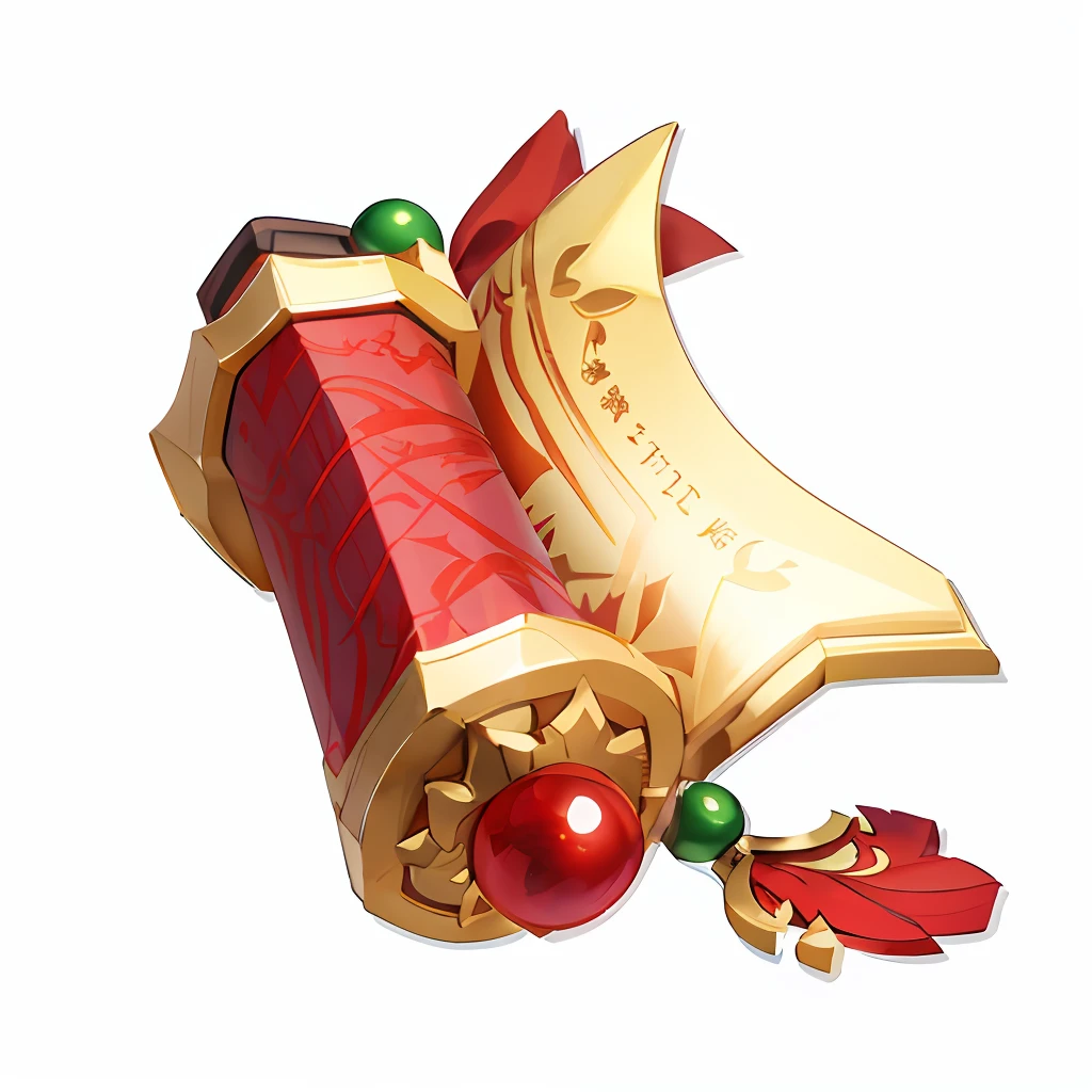 There is a red and gold Christmas scroll，It has green and red ribbons on it, rpg item render, warcraft blizzard weapon art, Onmyoji detailed art, war blade weapon, hammer weapon, zhongli from genshin impact, hearthstone weapon art, 《genshinimpact》in the clear, weapon design, fantasy weapon, onmyoji, rpg game item, colorful hilt, arma