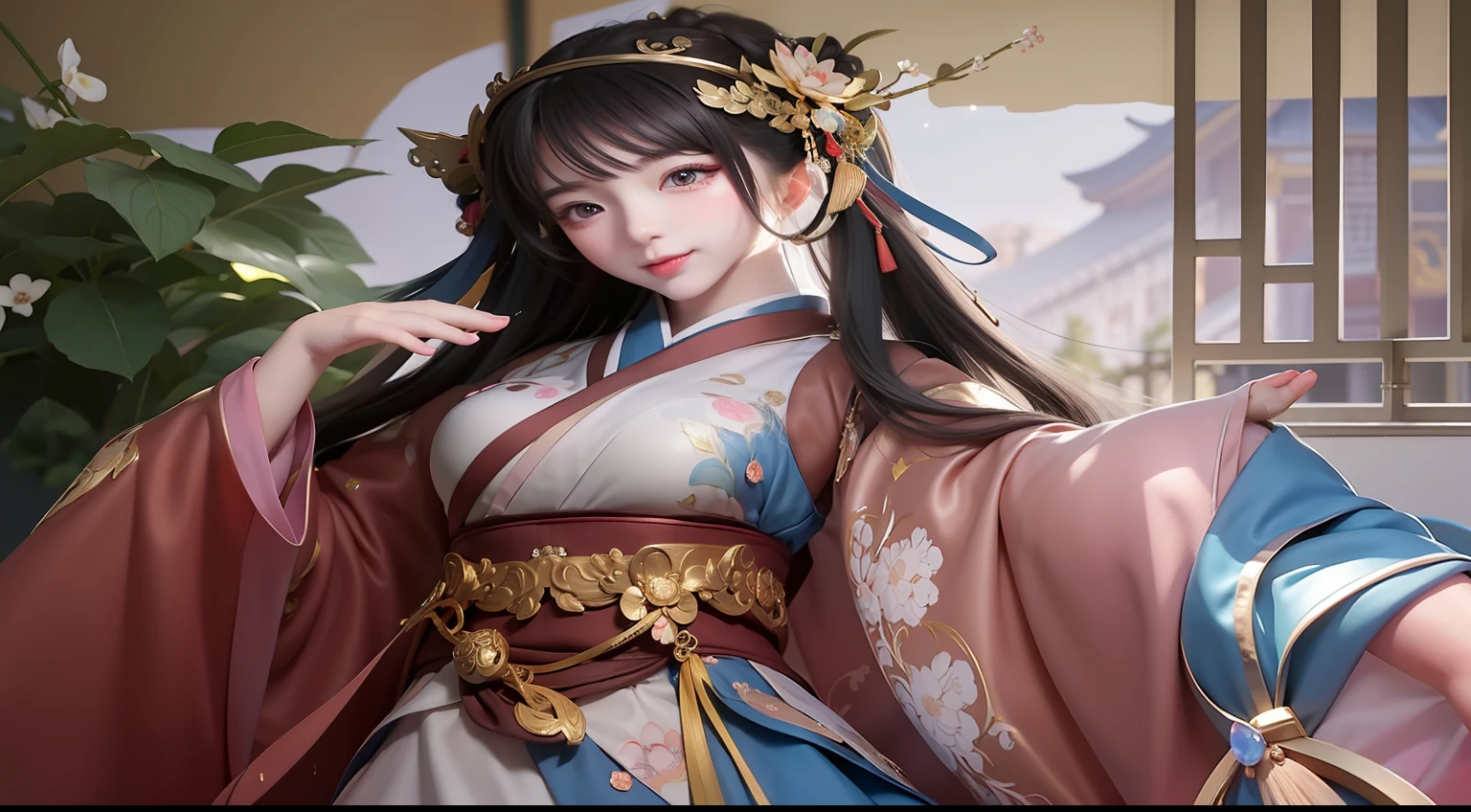 Anime girl in kimono dress,Hair in hand, inside room, A girl in Hanfu, ancient chinese princess, Beautiful character painting, a beautiful fantasy empress, inspired by Du Qiong, inspired by Li Mei-shu, inspired by Lan Ying, ((a beautiful fantasy empress)), inspired by Ju Lian, Chinese princess, artwork in the style of guweiz