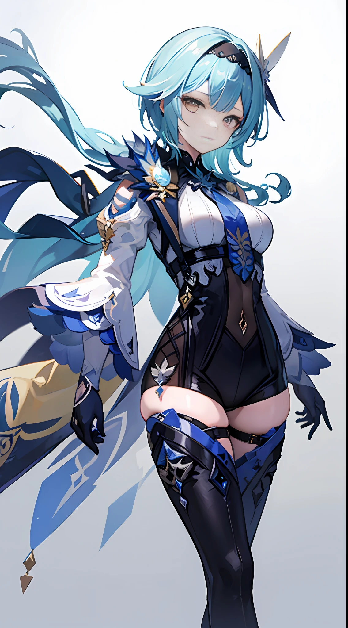 Eula, 1girl, solo, looking at viewer, blue hair, bangs, medium hair, yellow eyes, purple eyes, breasts, large breasts, hairband, hair ornament, black hairband, gloves, necktie, leotard, cape, thighhighs, long sleeves, blue necktie, black gloves, black leotard, thighs, vision (genshin impact), masterpiece, best quality