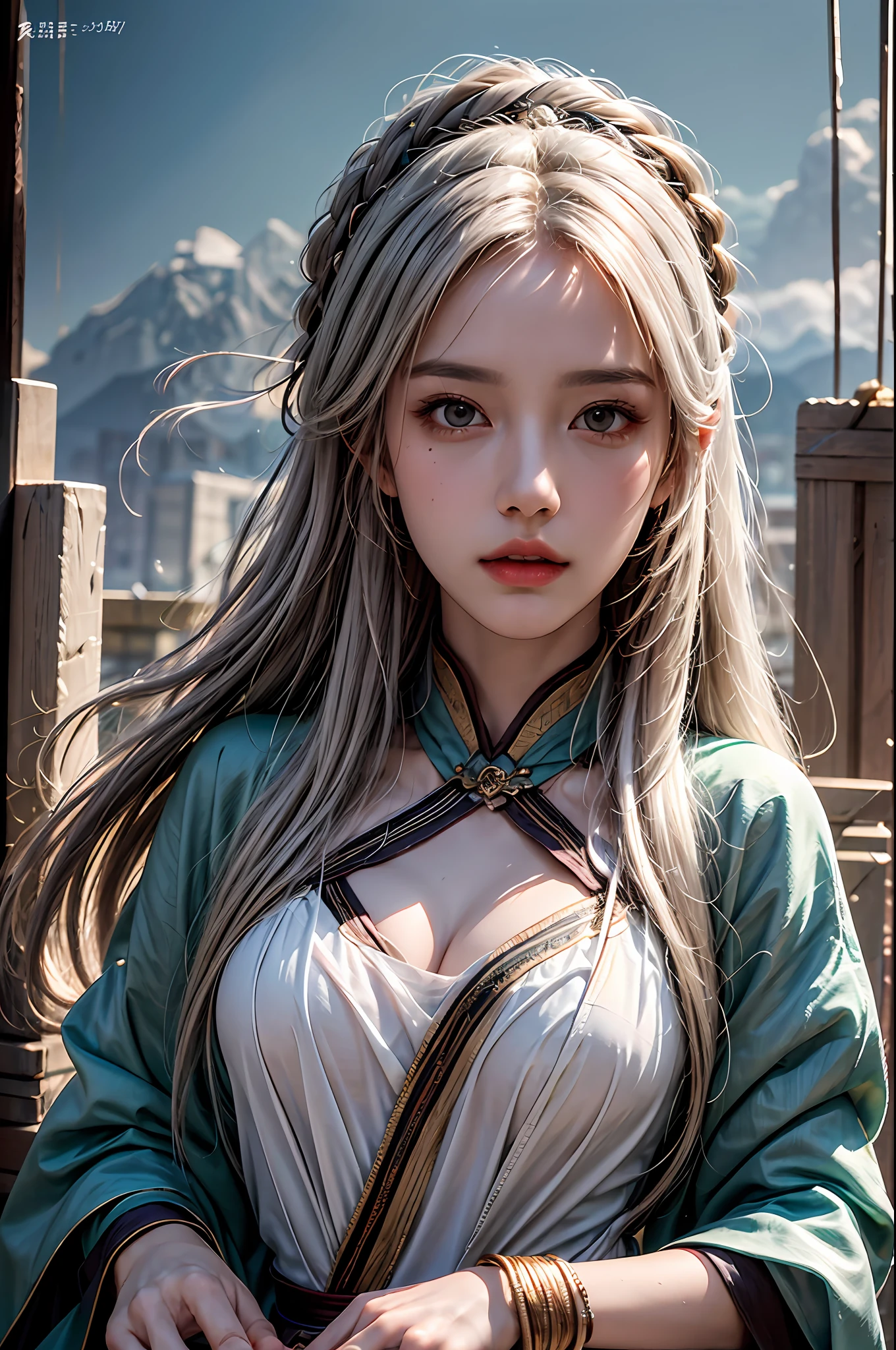 best quality, masterpiece, ultra-detailed, detailed light, (RAW photo:1.2), (photorealistic:1.4),(masterpiece:1.3),(best quality:1.4) 1girl, detailed face, solo, waist up, long hair, sky, dress, armor, cloud, chinese clothes