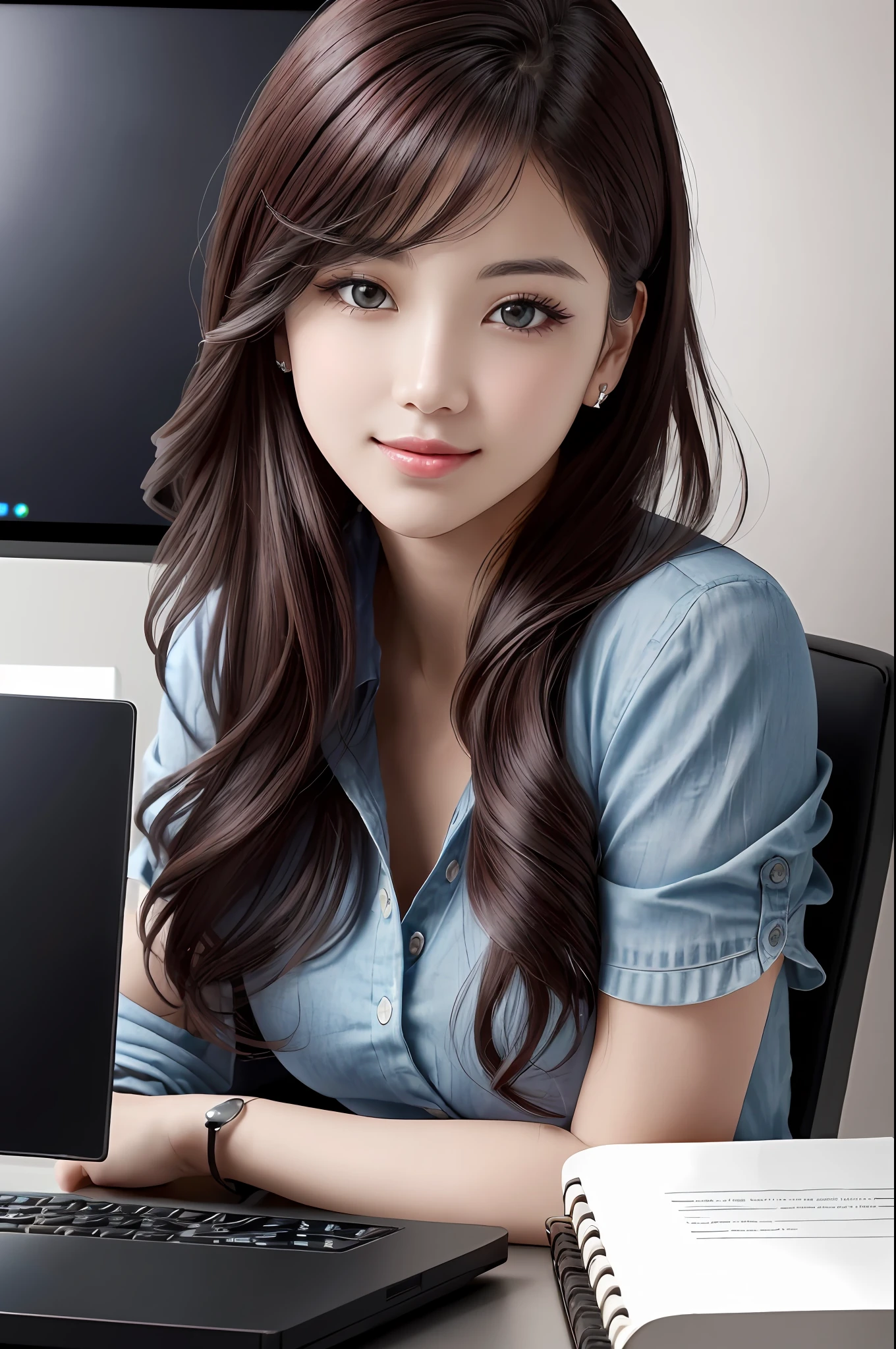 Absurdres, 1girls, star eye, blush, (Realistic:1.5), (master-piece, Extremely detail CG unity 8k wallpaper, maximum quality, high-res:1.2), (ultra_detailed, UHD:1.2), (pixiv:1.3), Perfect Illumination, Distinct, (Babe:1.2), viewer, Unreal Engine, Sidelighting, perfect face, Detailed face, Beautiful eyes, pretty face, (light skin:1.3), idol, ulzzang-6500-v1.1, A gentle smile, (Black redhead), (Simple Background), ((Dark background)), (depth of field), I'm working at a desk with a laptop. (desk), (monitor), (keyboard), (notebook).