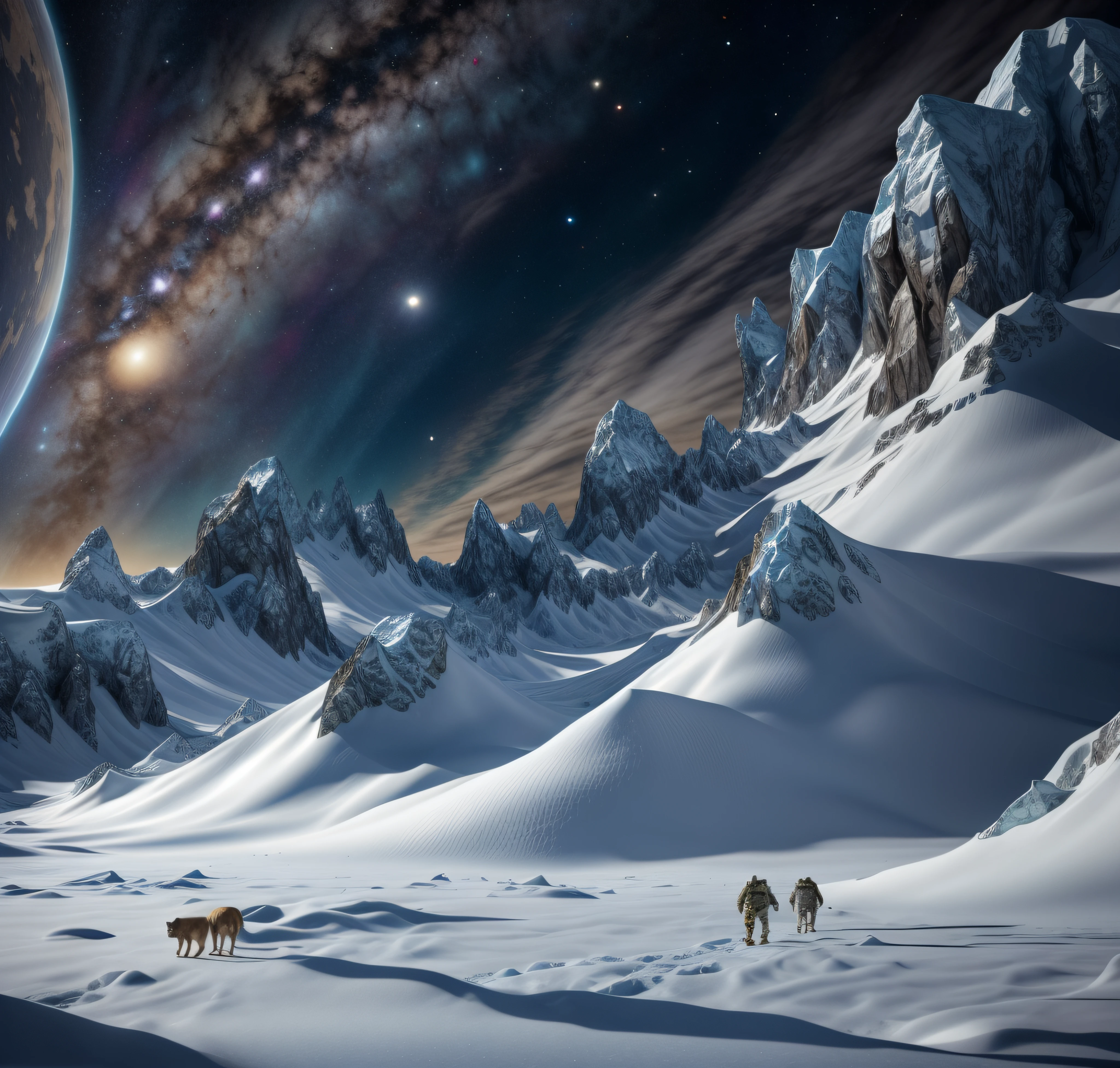 Pack walking on the planet, , walking across ice planet, On the planet, astronaut standing looking, standing in outer space,inspired by Aleksandr Gerasimov, an astronaut lost in the ocean,high - resolution,hyper detailed,Realistic texture,Bold textures,Crazy textures,