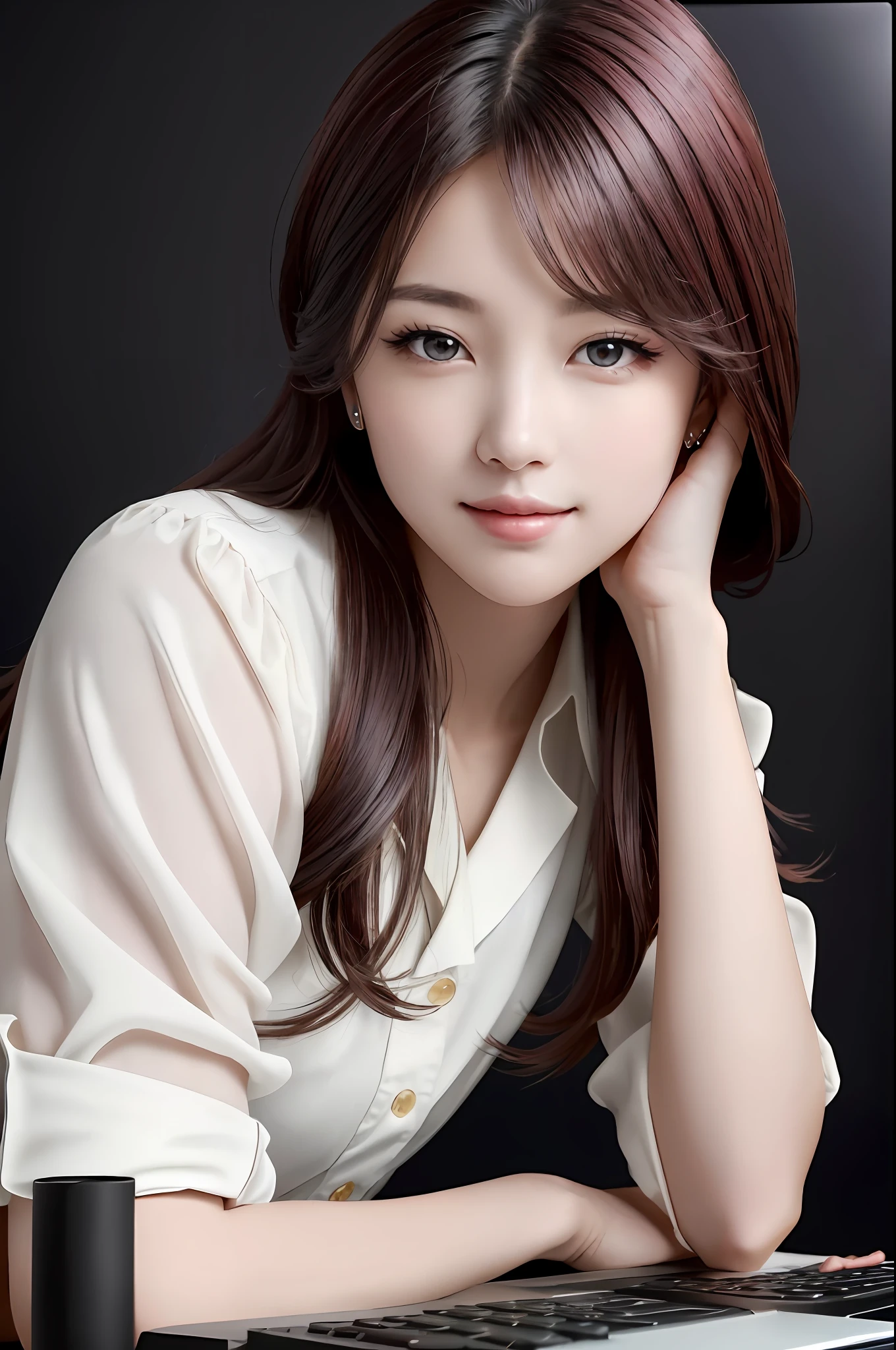 Absurdres, 1girls, star eye, blush, (Realistic:1.5), (master-piece, Extremely detail CG unity 8k wallpaper, maximum quality, high-res:1.2), (ultra_detailed, UHD:1.2), (pixiv:1.3), Perfect Illumination, Distinct, (Babe:1.2), viewer, Unreal Engine, Sidelighting, perfect face, Detailed face, Beautiful eyes, pretty face, (light skin:1.3), idol, ulzzang-6500-v1.1, A gentle smile, (Black redhead), (Simple Background), ((Dark background)), (depth of field), I'm working at a desk with a laptop. (desk), (monitor), (keyboard), (notebook).