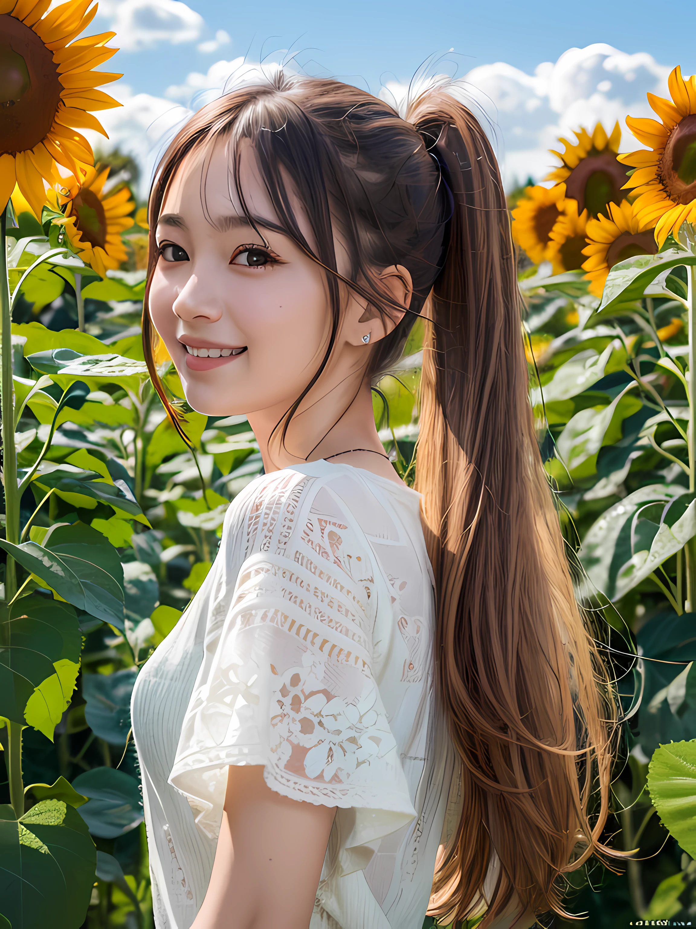 (best quality, masterpiece:1.2),ultra detailed,(photo realistic:1.4),twin_tail_girl,sunflower_background, lite smile,