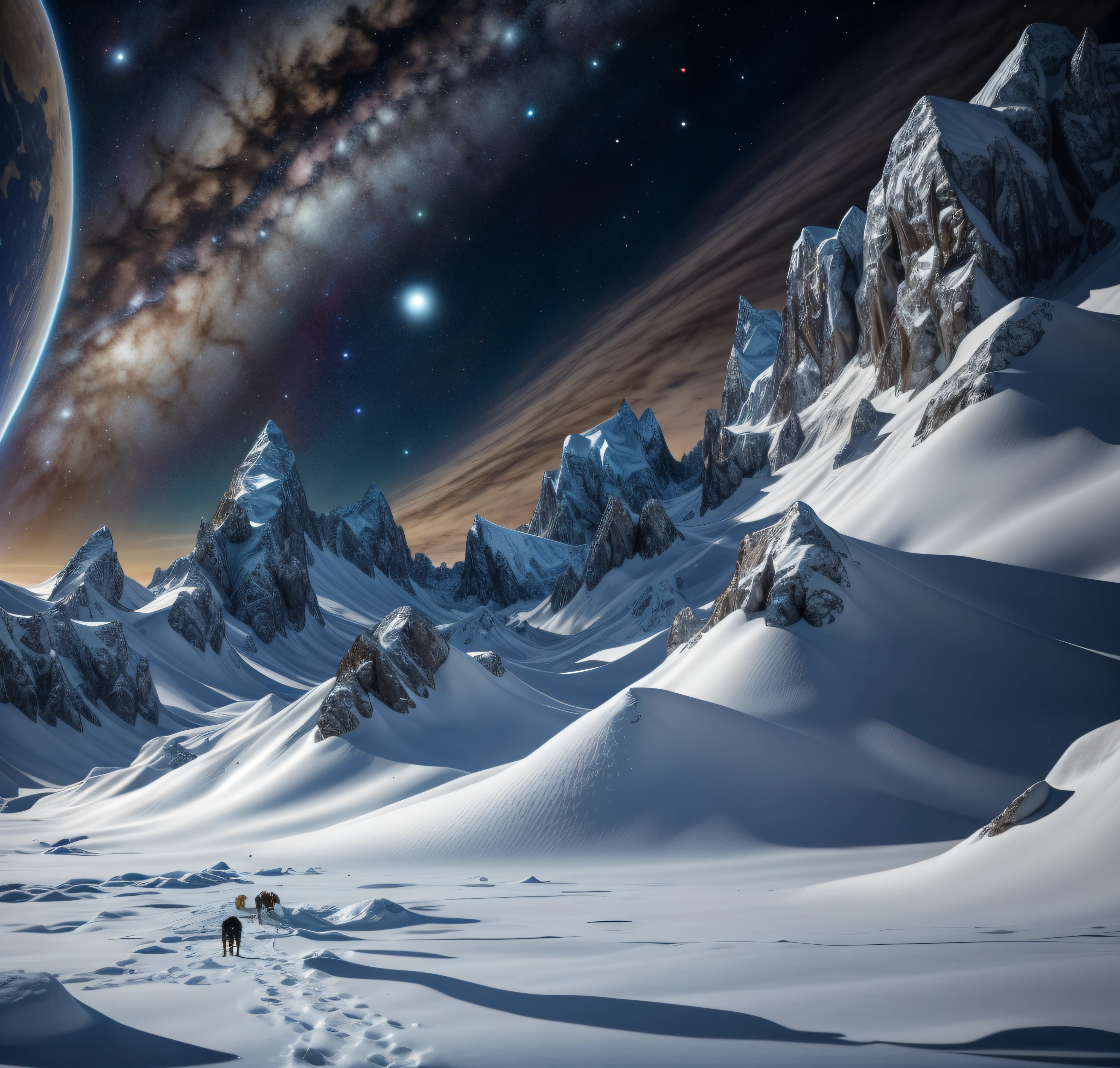Pack walking on the planet, , walking across ice planet, On the planet, astronaut standing looking, standing in outer space，inspired by Aleksandr Gerasimov, an astronaut lost in the ocean，high - resolution，hyper detailed，Realistic texture，Bold textures，Crazy textures,