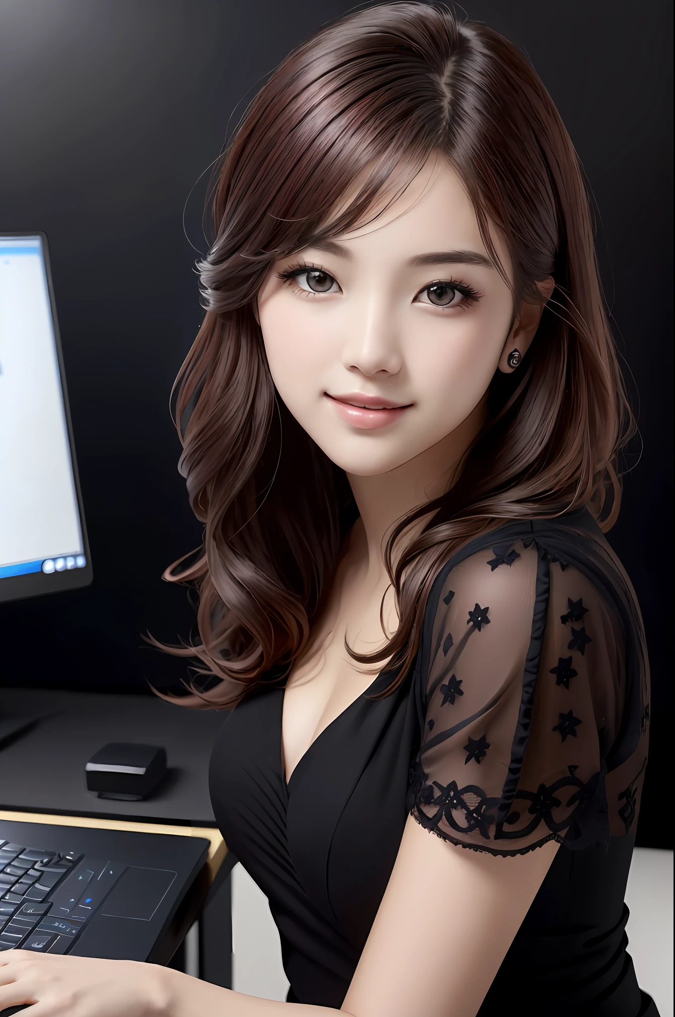 Absurdres, 1girls, star eye, blush, (Realistic:1.5), (master-piece, Extremely detail CG unity 8k wallpaper, maximum quality, high-res:1.2), (ultra_detailed, UHD:1.2), (pixiv:1.3), Perfect Illumination, Distinct, (Babe:1.2), viewer, Unreal Engine, Sidelighting, perfect face, Detailed face, Beautiful eyes, pretty face, (light skin:1.3), idol, ulzzang-6500-v1.1, A gentle smile, (Black redhead), (Simple Background), ((Dark background)), (depth of field), I'm working at a desk with a laptop. (desk), (monitor), (keyboard), (notebook).