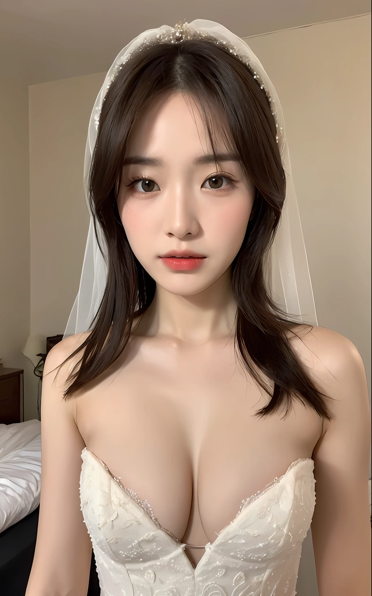 ((Top Quality, 8K, Masterpiece: 1.3)), Focus: 1.2, Cute Girl One, Perfect Beauty: 1.4, Asto: 1.2, (Layered Hairstyle, Beautiful Breasts: 1.1)), (Bandeau Wedding Dress: 1.1), (Bedroom: 1.3), Highly Detailed Face and Skin Texture, Detailed Eyes, Double Eyelids, Whitening Skin, Delicate Lips,
