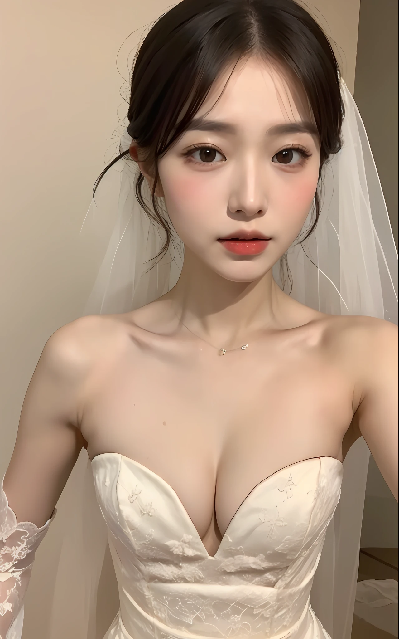 ((Top Quality, 8K, Masterpiece: 1.3)), Focus: 1.2, Cute Girl One, Perfect Beauty: 1.4, Asto: 1.2, (Layered Hairstyle, Beautiful Breasts: 1.1)), (Bandeau Wedding Dress: 1.1), (Bedroom: 1.3), Highly Detailed Face and Skin Texture, Detailed Eyes, Double Eyelids, Whitening Skin, Delicate Lips,