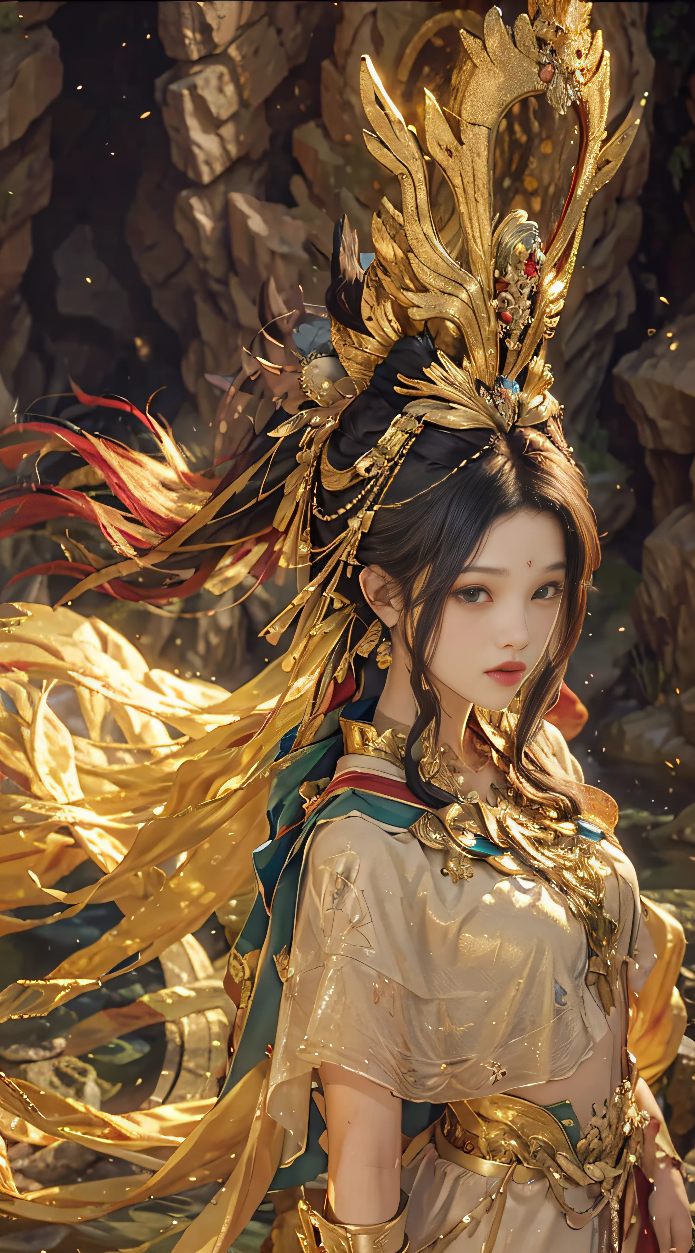 Rich natural scenery, cliffs, lakes and rivers, perfectly presenting the style of midjourney art, gold holy clothes, gold armor, helmets