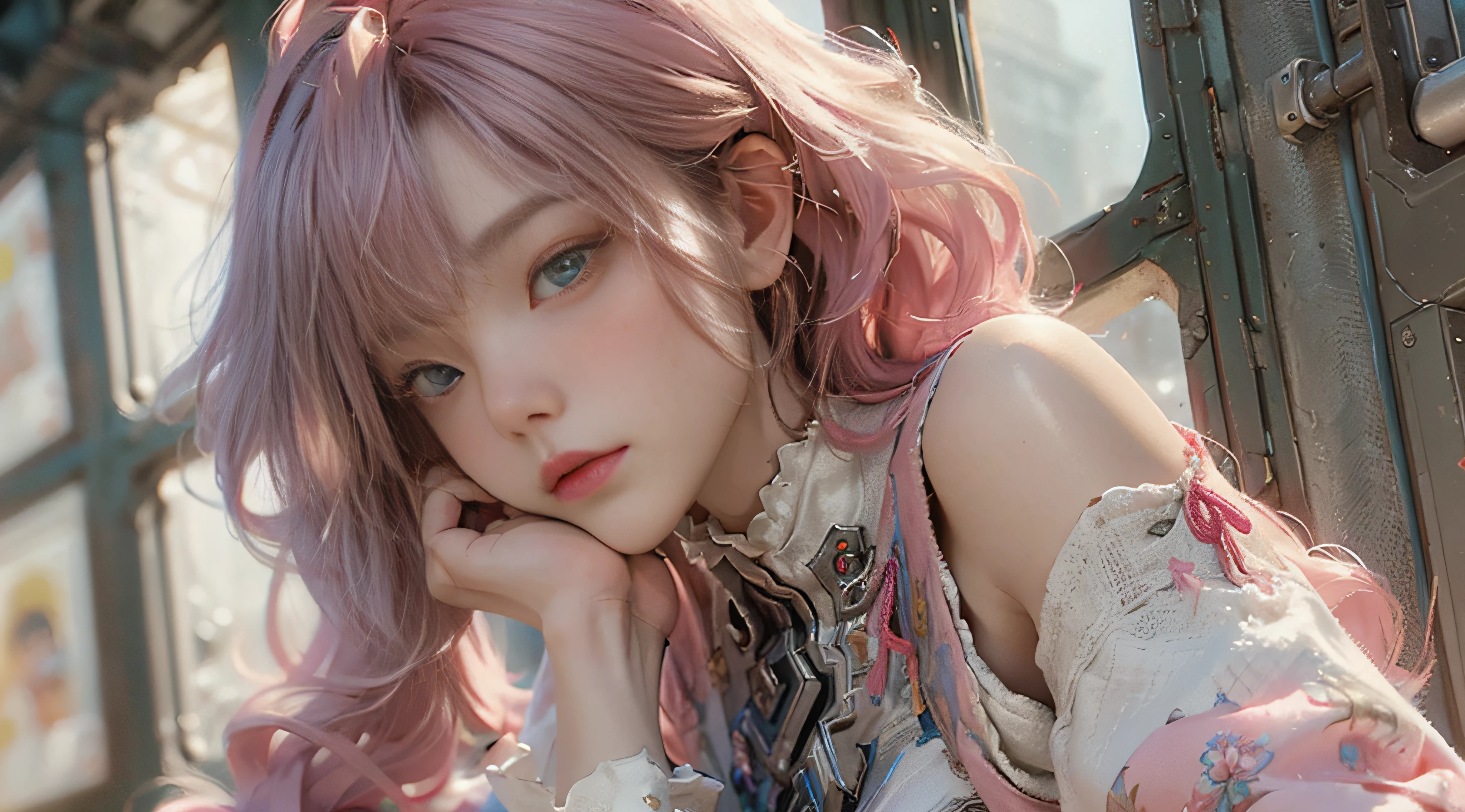 ((Best Quality)), ((Masterpiece)), (Detail: 1.4), 3D, Beautiful Cyberpunk Female Image, HDR (High Dynamic Range), Ray Tracing, NVIDIA RTX, Super Resolution, Unreal 5, Subsurface Scattering, PBR Texture, Post-Processing, Anisotropic Filtering, Depth of Field, Maximum Sharpness and Sharpness, Multi-layer Texture, Albedo and Highlight Mapping, Surface Coloring, Mitsu-Accurate Simulation of Material Interactions, Perfect Proportions, Octane Rendering, Two-color Light, Large Aperture, Low ISO, white balance, regular three-point, 8K RAW, beautiful bright pupils, off-the-shoulder clothes, fine pupils, delicate face and eyes, long eyelashes, blush, delicate and fluffy hair, pink lips, pure, cute, sweet girl, artistic sense, casual wear, high-end sense