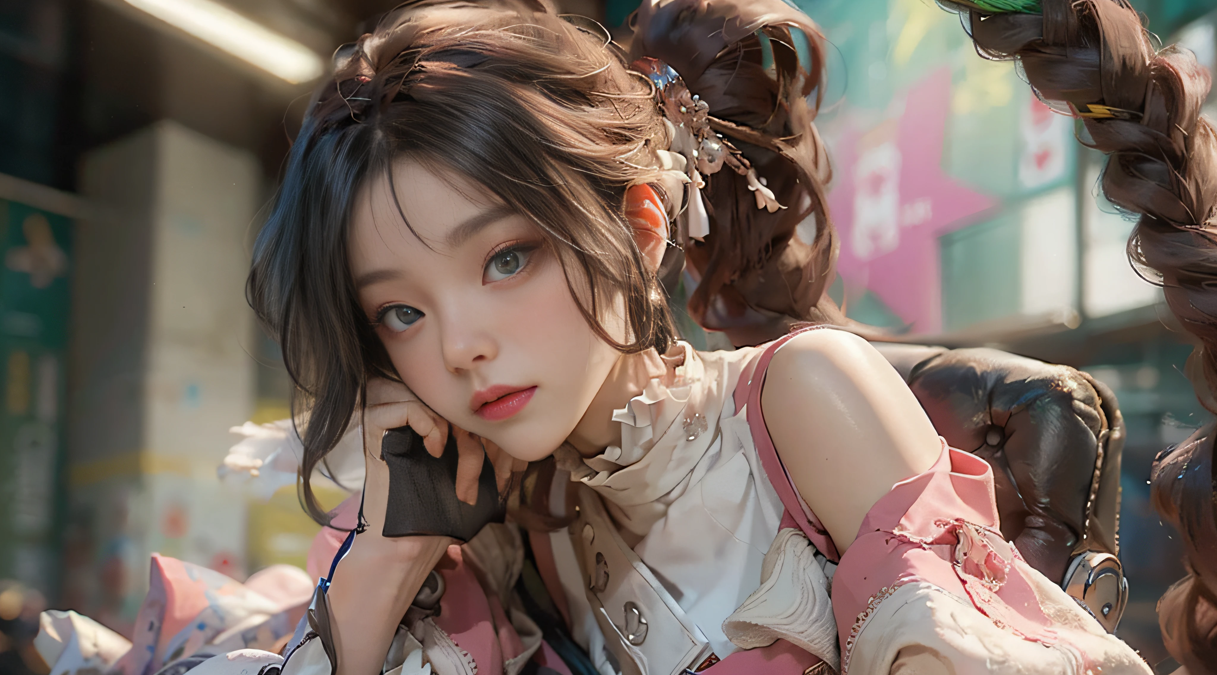 ((Best Quality)), ((Masterpiece)), (Detail: 1.4), 3D, Beautiful Cyberpunk Female Image, HDR (High Dynamic Range), Ray Tracing, NVIDIA RTX, Super Resolution, Unreal 5, Subsurface Scattering, PBR Texture, Post-Processing, Anisotropic Filtering, Depth of Field, Maximum Sharpness and Sharpness, Multi-layer Texture, Albedo and Highlight Mapping, Surface Coloring, Mitsu-Accurate Simulation of Material Interactions, Perfect Proportions, Octane Rendering, Two-color Light, Large Aperture, Low ISO, white balance, regular three-point, 8K RAW, beautiful bright pupils, off-the-shoulder clothes, fine pupils, delicate face and eyes, long eyelashes, blush, delicate and fluffy hair, pink lips, pure, cute, sweet girl, artistic sense, casual wear, high-end sense