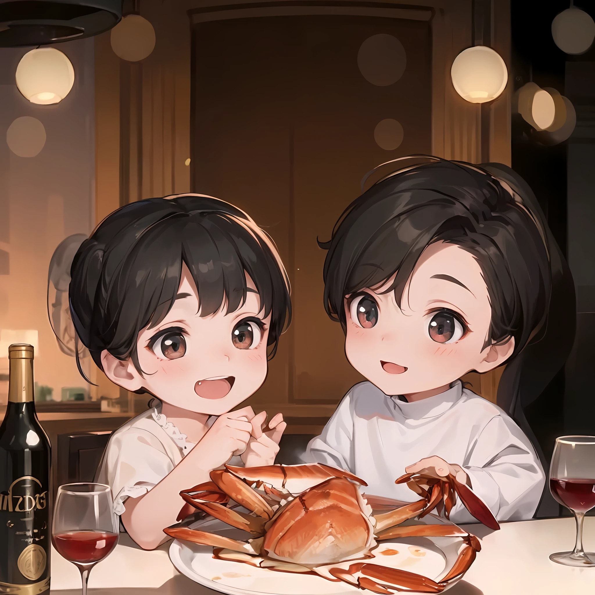 Ultra HDR，HD resolution1，skin luster，Best quality1.1，The Masterpiece，best qulity，smiled，Beautiful detailed face，beautifuldetailedeyes，8K，Fine dining restaurant with warm yellow lighting，Q version，Two boys eating king crab，inside room，Cutes，white wine，Japanese illustration
