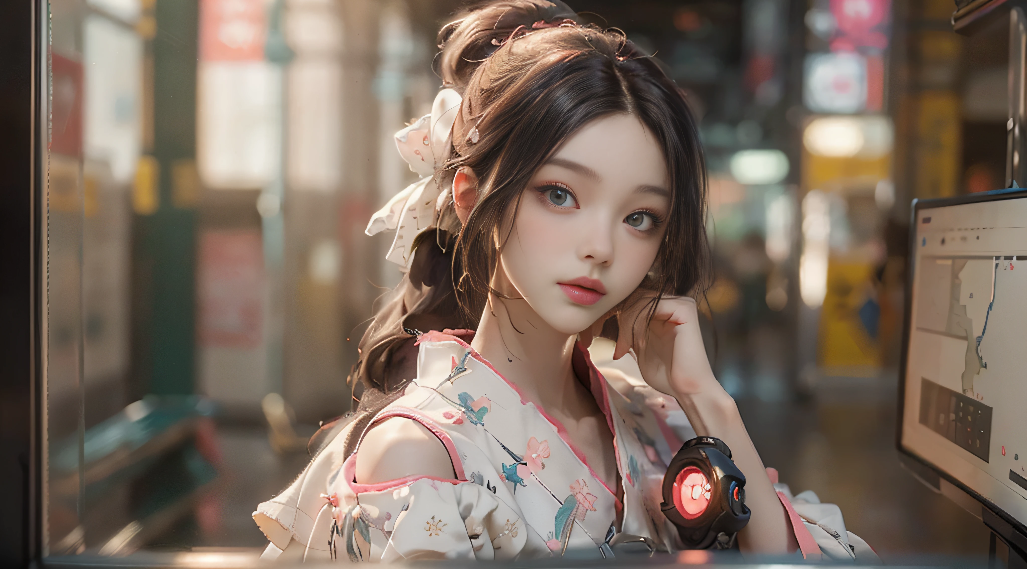((Best Quality)), ((Masterpiece)), (Detail: 1.4), 3D, Beautiful Cyberpunk Female Image, HDR (High Dynamic Range), Ray Tracing, NVIDIA RTX, Super Resolution, Unreal 5, Subsurface Scattering, PBR Texture, Post-Processing, Anisotropic Filtering, Depth of Field, Maximum Sharpness and Sharpness, Multi-layer Texture, Albedo and Highlight Mapping, Surface Coloring, Mitsu-Accurate Simulation of Material Interactions, Perfect Proportions, Octane Rendering, Two-color Light, Large Aperture, Low ISO, white balance, regular three-point, 8K RAW, beautiful bright pupils, off-the-shoulder clothes, fine pupils, delicate face and eyes, long eyelashes, blush, delicate and fluffy hair, pink lips, pure, cute, sweet girl, artistic sense, casual wear, high-end sense
