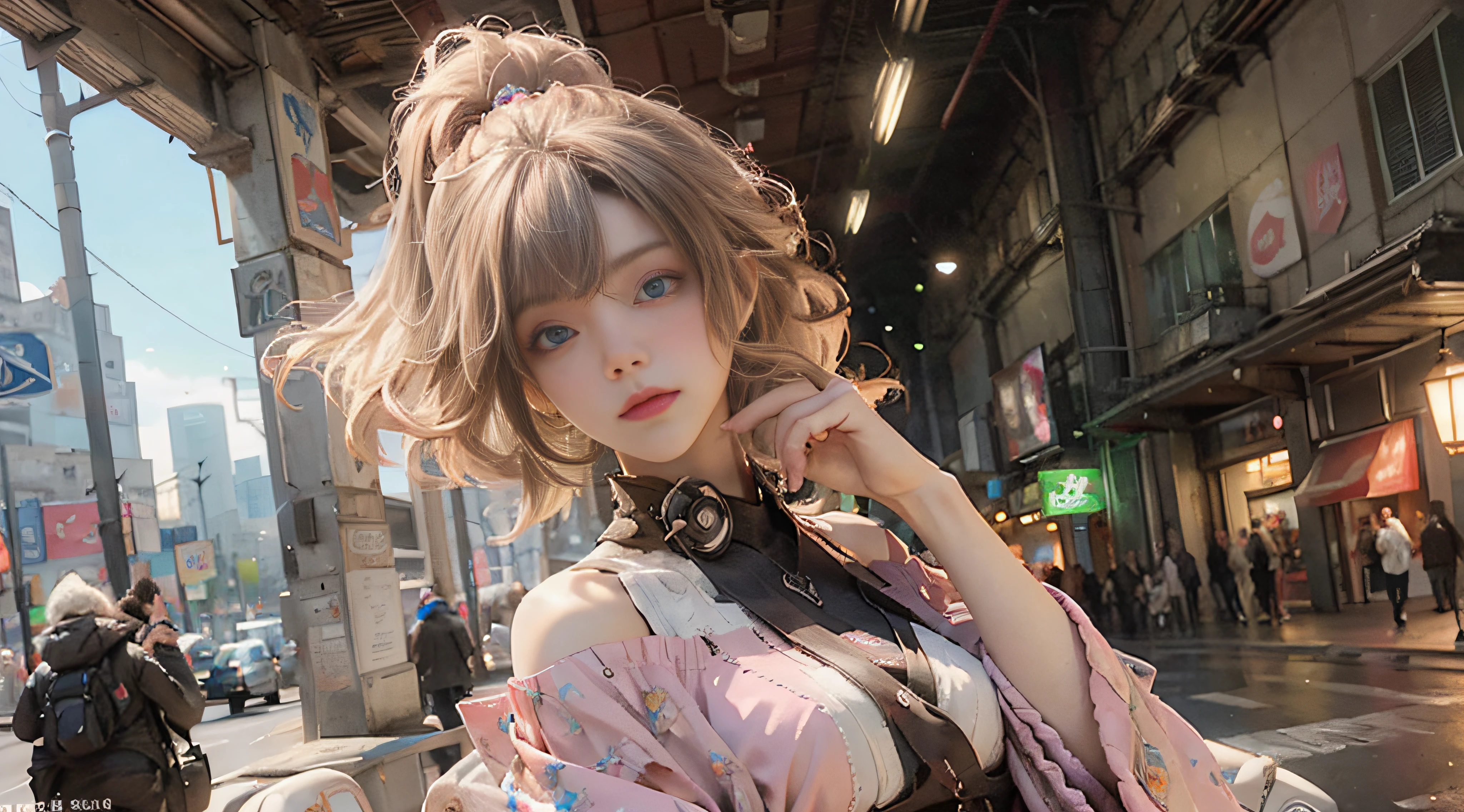 ((Best Quality)), ((Masterpiece)), (Detail: 1.4), 3D, Beautiful Cyberpunk Female Image, HDR (High Dynamic Range), Ray Tracing, NVIDIA RTX, Super Resolution, Unreal 5, Subsurface Scattering, PBR Texture, Post-Processing, Anisotropic Filtering, Depth of Field, Maximum Sharpness and Sharpness, Multi-layer Texture, Albedo and Highlight Mapping, Surface Coloring, Mitsu-Accurate Simulation of Material Interactions, Perfect Proportions, Octane Rendering, Two-color Light, Large Aperture, Low ISO, white balance, regular three-point, 8K RAW, beautiful bright pupils, off-the-shoulder clothes, fine pupils, delicate face and eyes, long eyelashes, blush, delicate and fluffy hair, pink lips, pure, cute, sweet girl, artistic sense, casual wear, high-end sense