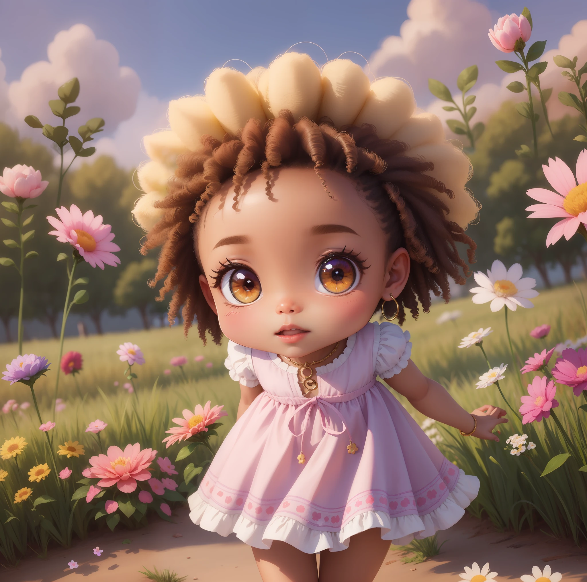 Menina pele morena [negra] of the cartoons with flower in hand jumping in a field of white flowers, bela arte digital, arte digital detalhada bonito, adorable digital painting, menina afro nas flores, Bom anime, Soft anime illustration, arte fofa, menina Bom anime, kawaii retrato realista, menina chibi, Loli, official illustration, menina afro bonito, menina afro bonito, advanced digital chibi art
