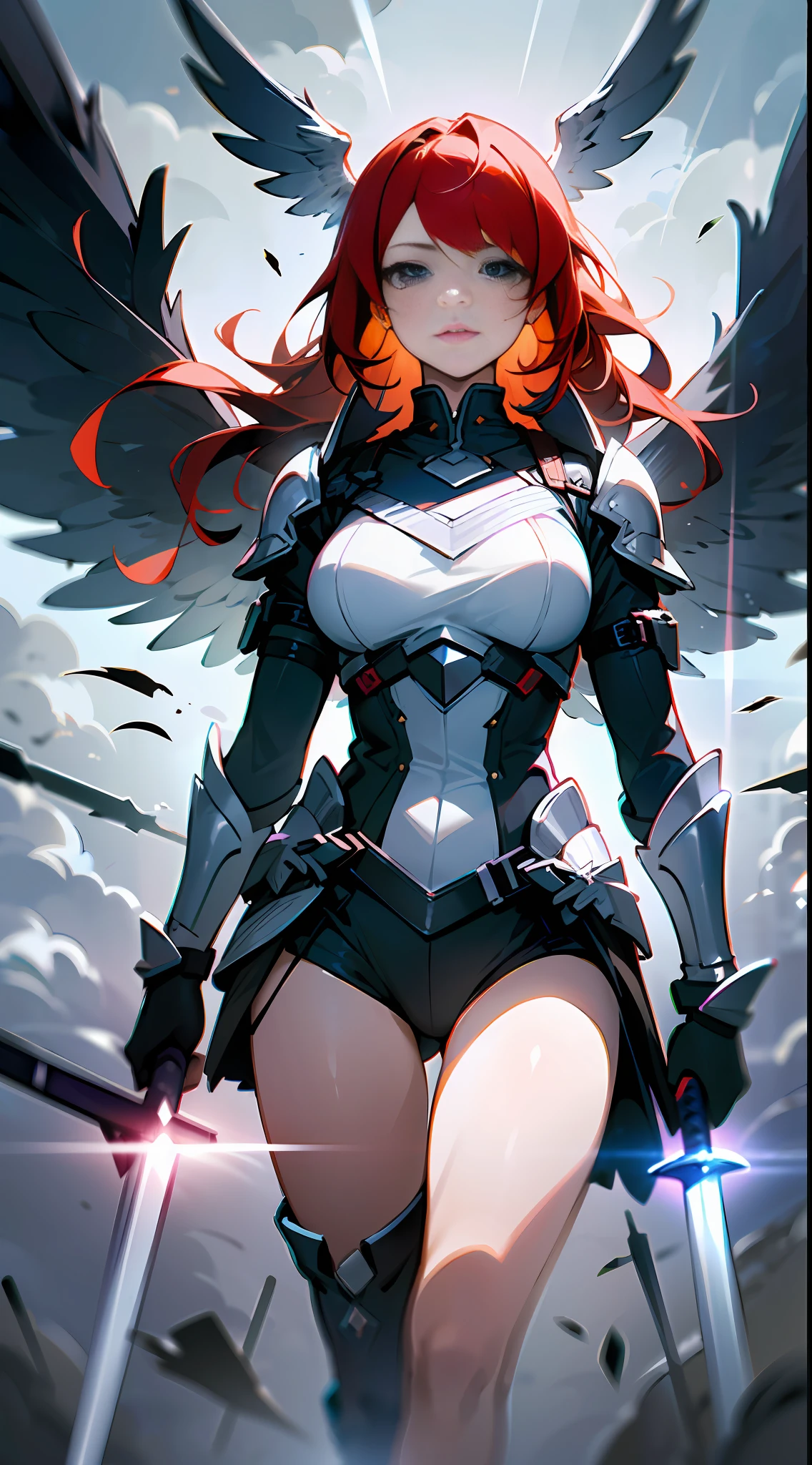 (masterpiece, best quality, ultra detailed), beautiful girl, girl, solo, Valkyrie, warrior girl, red hair, green eyes, wings on her back, girl with wings, walking, battlefield, swords and other weapons scattered, dark clouds, rays of light through the clouds, gloomy colors