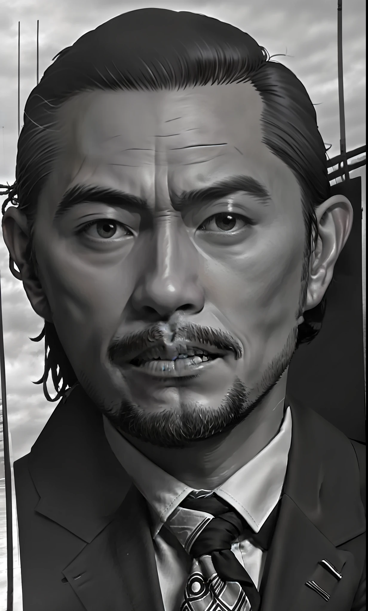 Close-up of paper ads，A man in a suit and tie, frank stephenson, newspaper photo, newspaper picture, ishirō honda, sadamoto yoshiyuki, akio watanabe, author：Everett Warner, yoji shinakawa, tsutomu nihei, tsutomu kitazawa, newspaper photo, ray fawkes，imitate，everyman