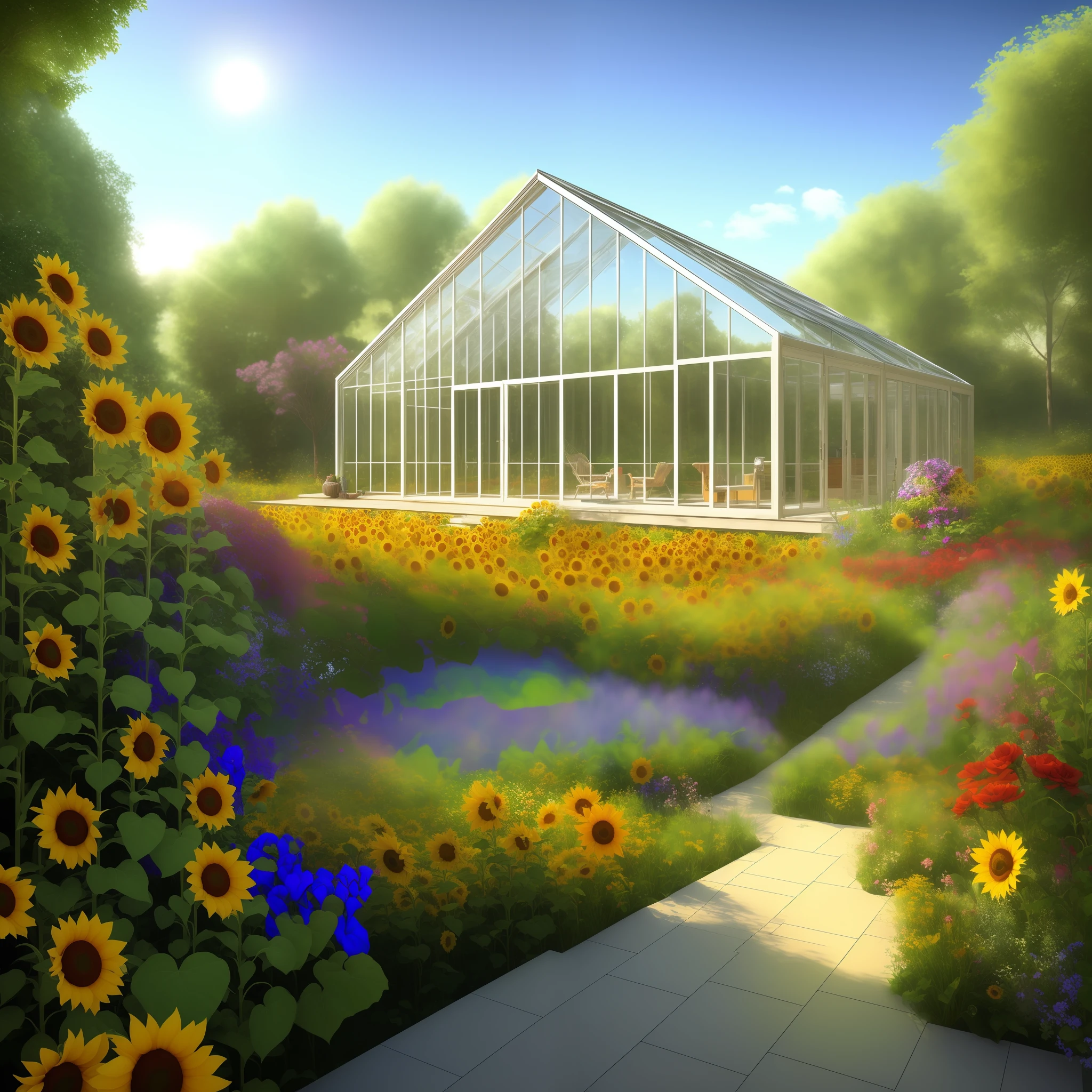 Glass house,There are large red flowers inside the glass house,morning glory,Sunflower,chiaki,hammock
dream,Fantasy rendering,surrealism,art,Intricate details,Bright colors,Super beautiful,Daylight mapping,Irradiation