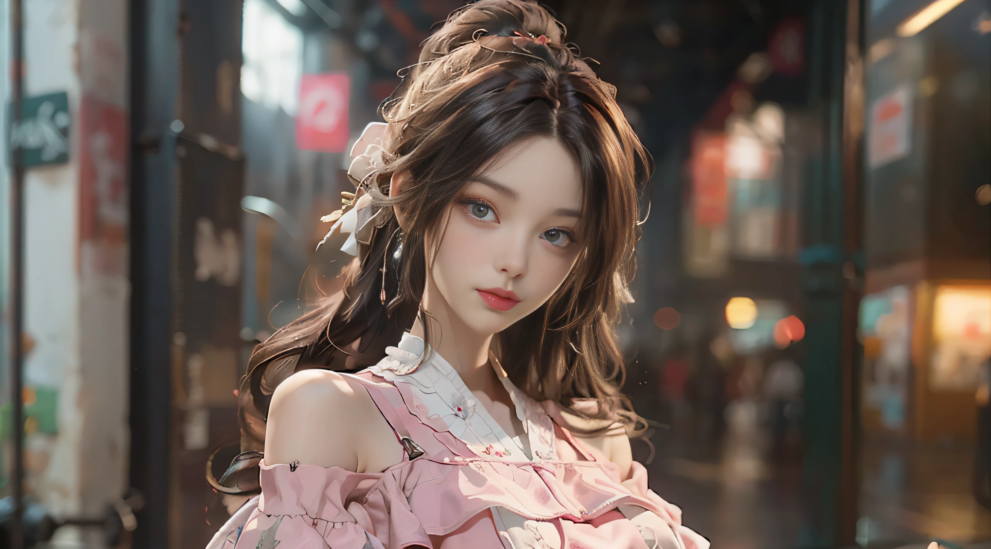 ((Best Quality)), ((Masterpiece)), (Detail: 1.4), 3D, Beautiful Cyberpunk Female Image, HDR (High Dynamic Range), Ray Tracing, NVIDIA RTX, Super Resolution, Unreal 5, Subsurface Scattering, PBR Texture, Post-Processing, Anisotropic Filtering, Depth of Field, Maximum Sharpness and Sharpness, Multi-layer Texture, Albedo and Highlight Mapping, Surface Coloring, Mitsu-Accurate Simulation of Material Interactions, Perfect Proportions, Octane Rendering, Two-color Light, Large Aperture, Low ISO, white balance, regular three-point, 8K RAW, beautiful bright pupils, off-the-shoulder clothes, fine pupils, delicate face and eyes, long eyelashes, blush, delicate and fluffy hair, pink lips, pure, cute, sweet girl, artistic sense, casual wear, high-end sense