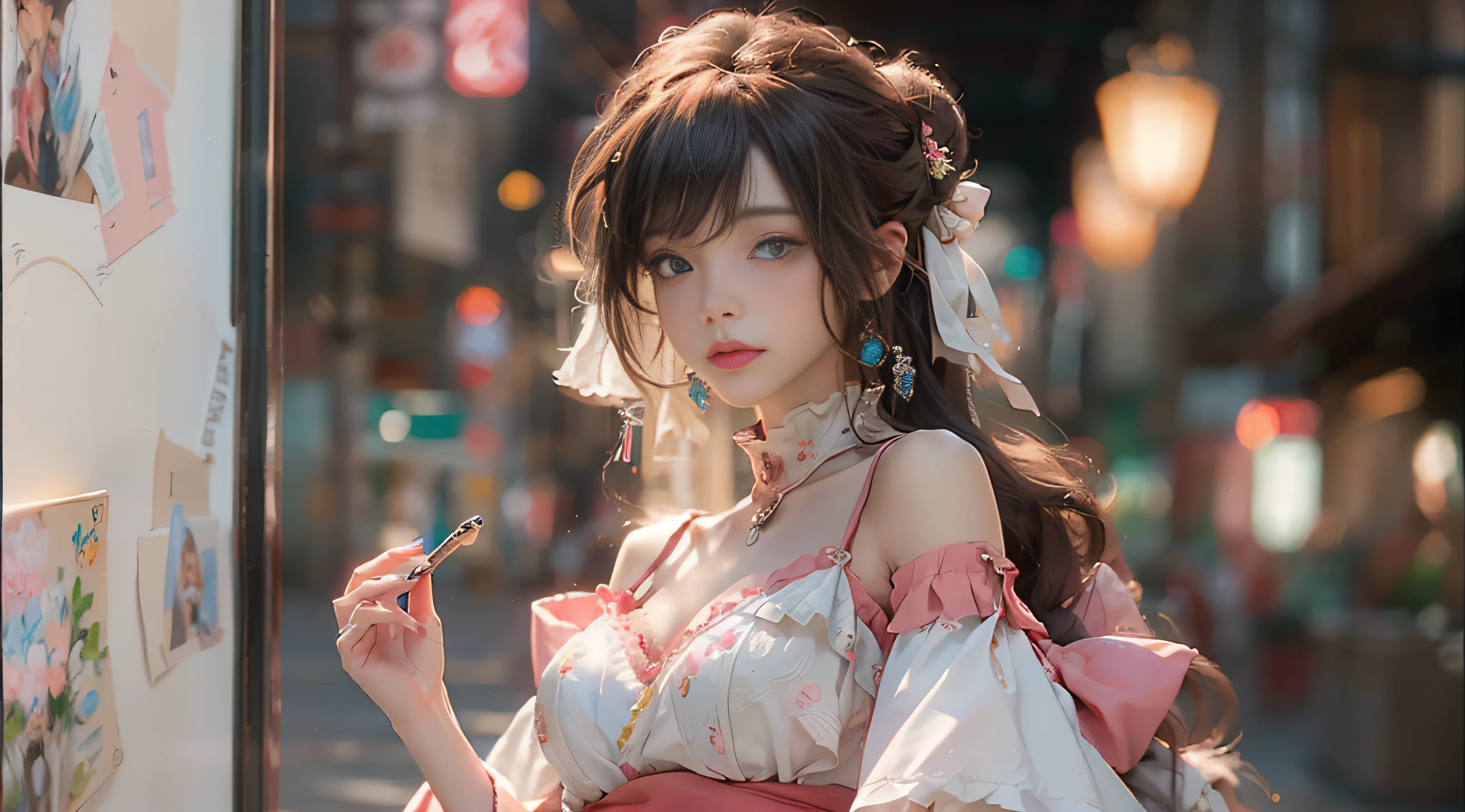 ((Best Quality)), ((Masterpiece)), (Detail: 1.4), 3D, Beautiful Cyberpunk Female Image, HDR (High Dynamic Range), Ray Tracing, NVIDIA RTX, Super Resolution, Unreal 5, Subsurface Scattering, PBR Texture, Post-Processing, Anisotropic Filtering, Depth of Field, Maximum Sharpness and Sharpness, Multi-layer Texture, Albedo and Highlight Mapping, Surface Coloring, Mitsu-Accurate Simulation of Material Interactions, Perfect Proportions, Octane Rendering, Two-color Light, Large Aperture, Low ISO, white balance, regular three-point, 8K RAW, beautiful bright pupils, off-the-shoulder clothes, fine pupils, delicate face and eyes, long eyelashes, blush, delicate and fluffy hair, pink lips, pure, cute, sweet girl, artistic sense, casual wear, high-end sense