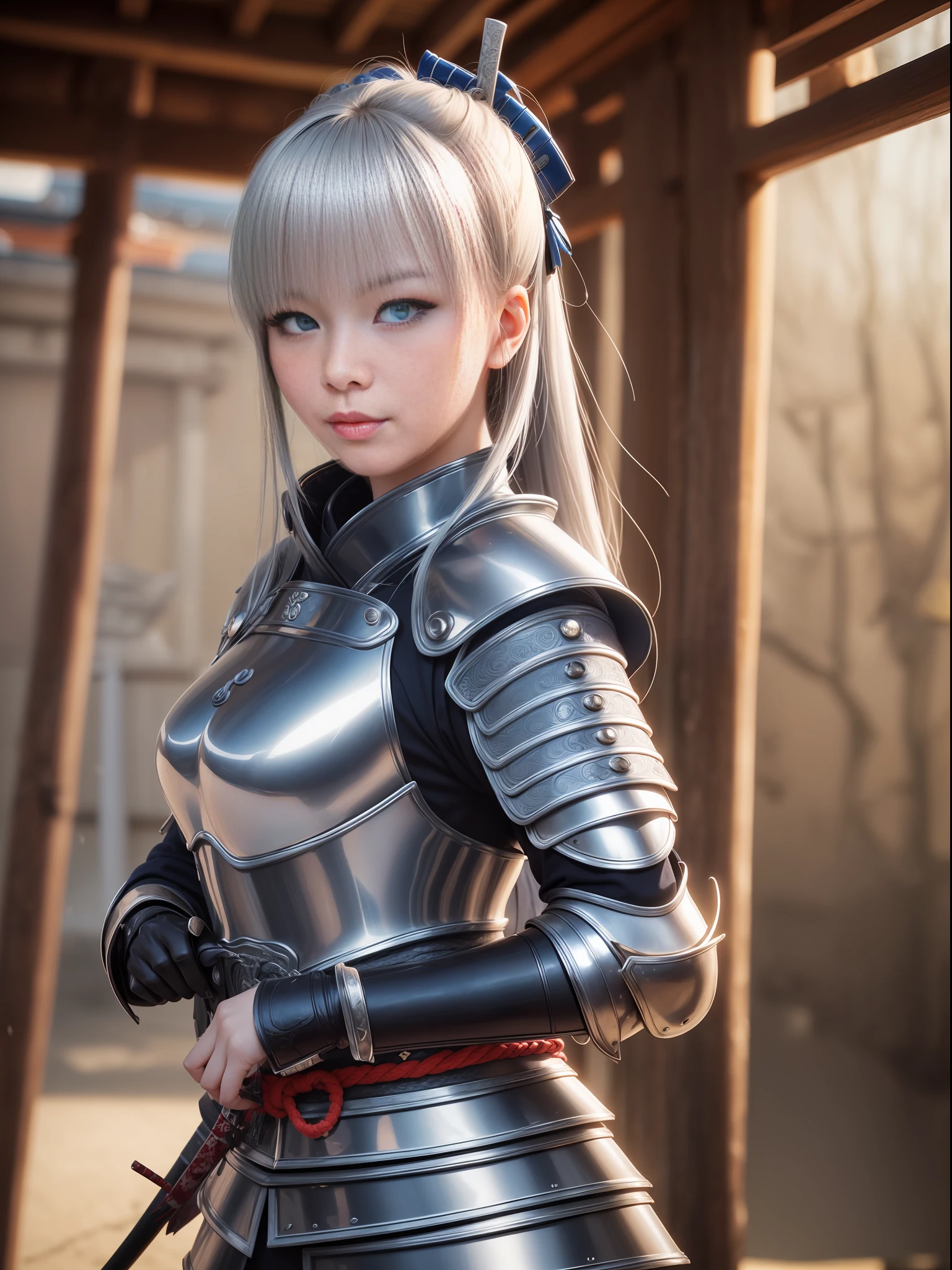masterece-piece, best qulity, (((Realstic、photorealestic:1.37))), ((独奏)), 8K image quality , anextremelydelicateandbeautiful, splendid, Official art with attention to detail, Unbelievably ridiculous, huge filesize, Ultra-detail, extremely detaild, (Pretty girl), (detailed girl), Detailed eyes and face, Beautiful detailed eyes, Light makeup, (1 girl), (Perfect female figure), Slim waist, (Pretty girl in Japan), ((full - body)), With bangs, ((Samurai Japan Woman)), ((Japan blue and silver armor)), (Detailed Japan armor), (18 age), ((Samurai Japan Woman)), ((Japan blue and silver armor)) , Wakizashi, (Detailed Japan armor), Shrines and temples,