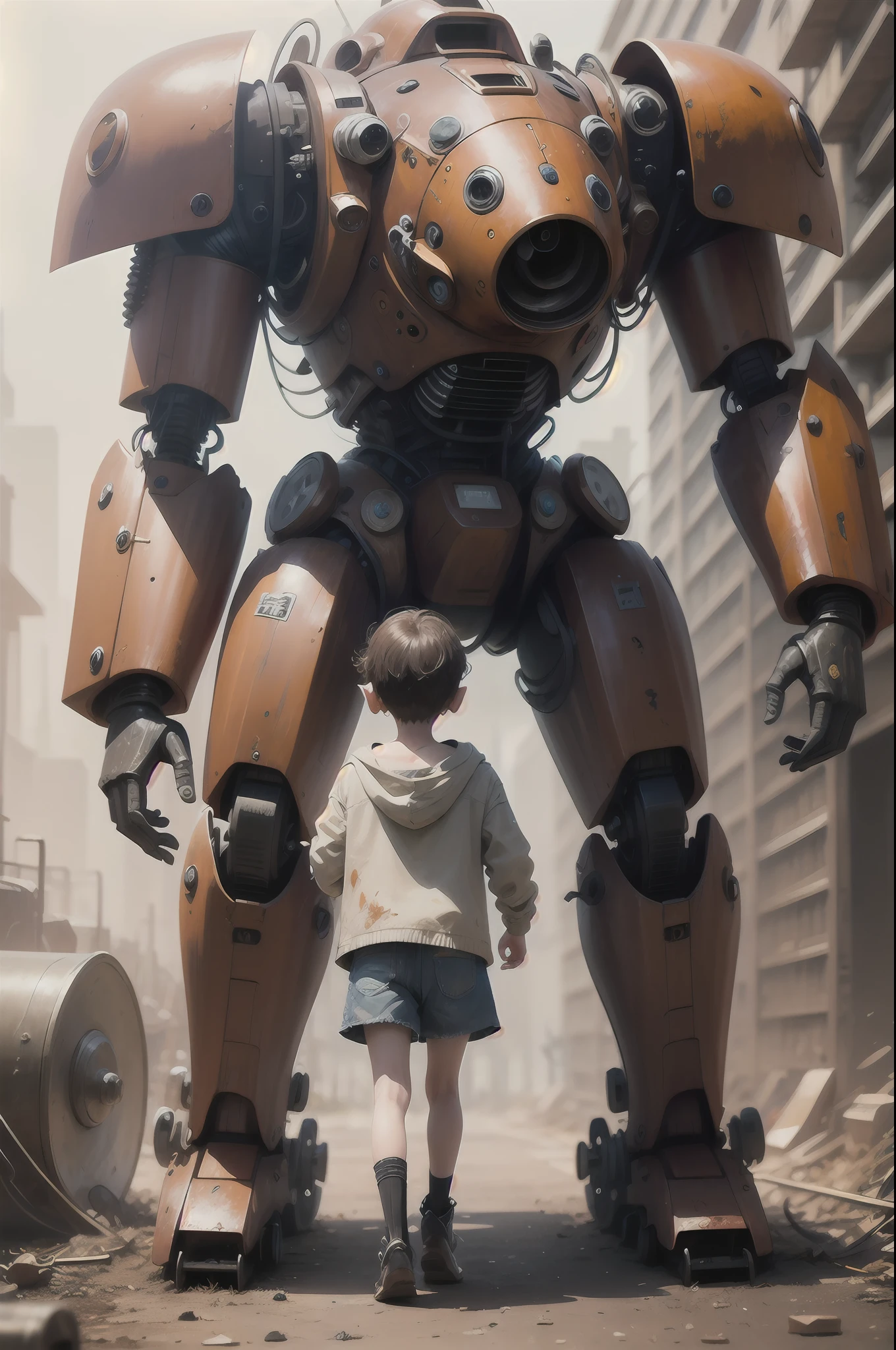 A child is polishing a rusted vintage mecha --auto