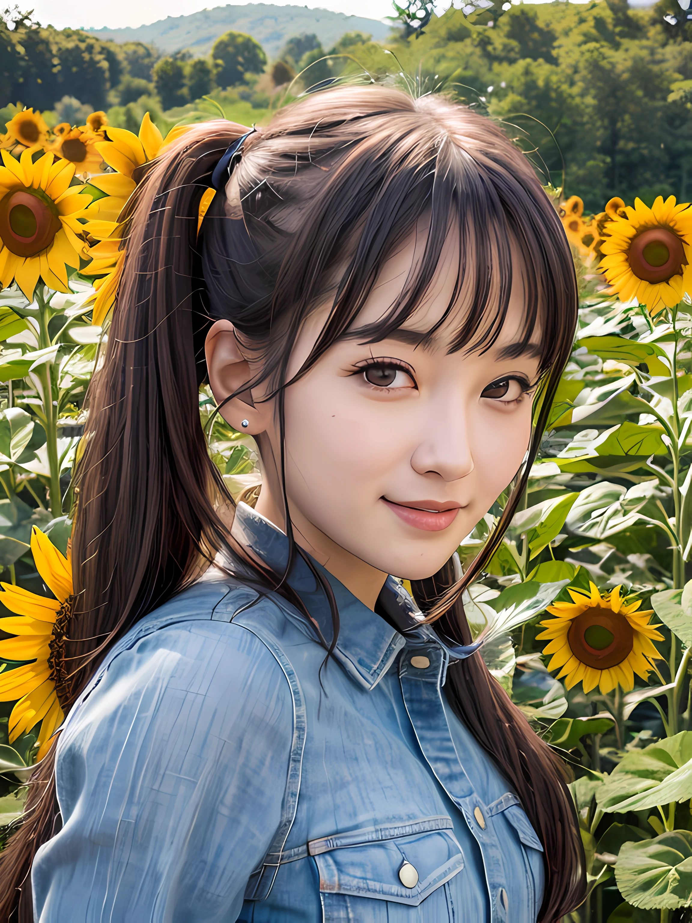 (best quality, masterpiece:1.2),ultra detailed,(photo realistic:1.4),twin_tail_girl,sunflower_background, lite smile,