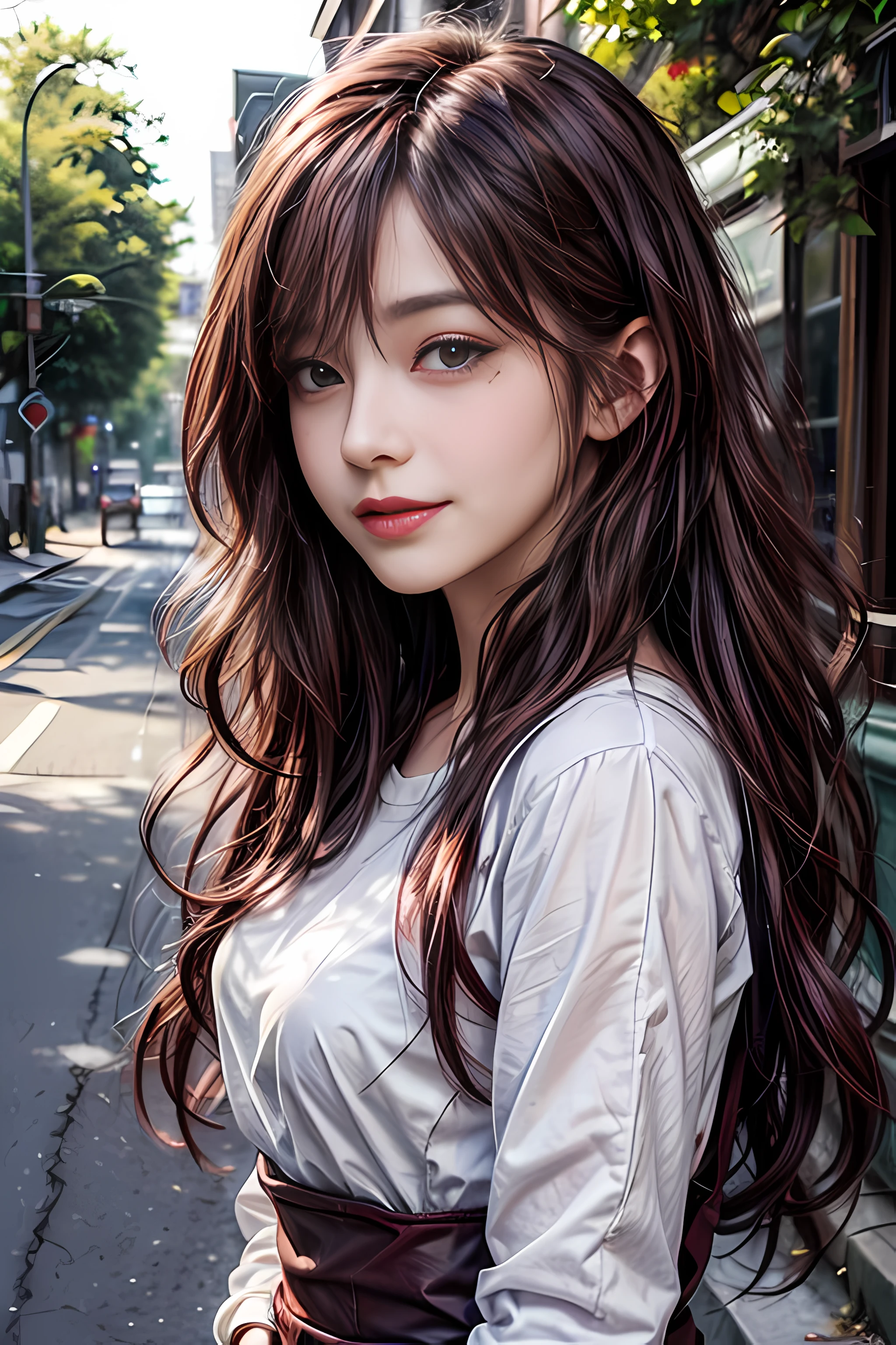 detailed eyes, detailed face, best quality , smile, (facing front), looking at viewer, white shirt, sunny day, outdoor, 1girl upperbody, dark purple red chocolate color hair dye, long way hair, thin hair, long wave hair, wavy hair, ombre hair, curly hair