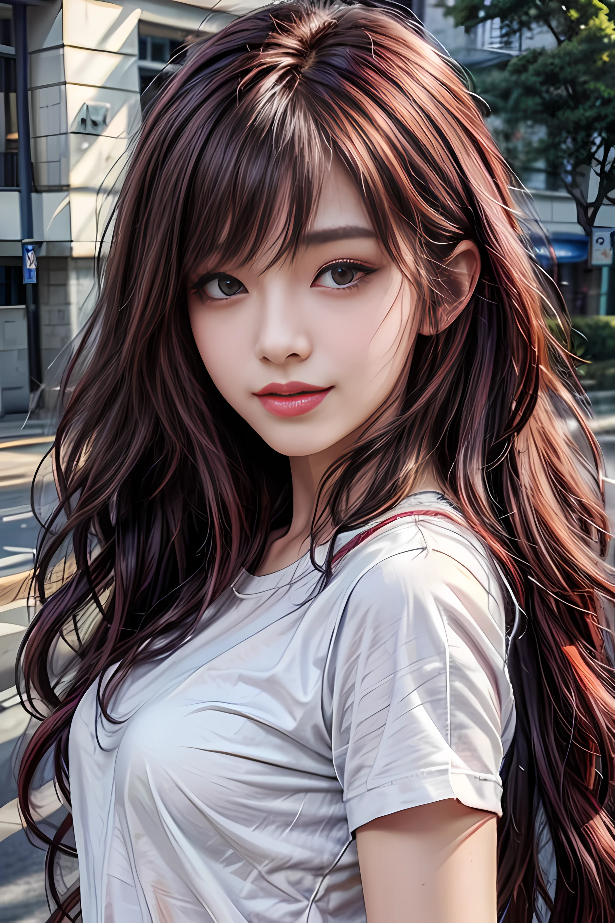 detailed eyes, detailed face, best quality , smile, (facing front), looking at viewer, white shirt, sunny day, outdoor, 1girl upperbody, dark purple red chocolate color hair dye, long way hair, thin hair, long wave hair, wavy hair, ombre hair, curly hair