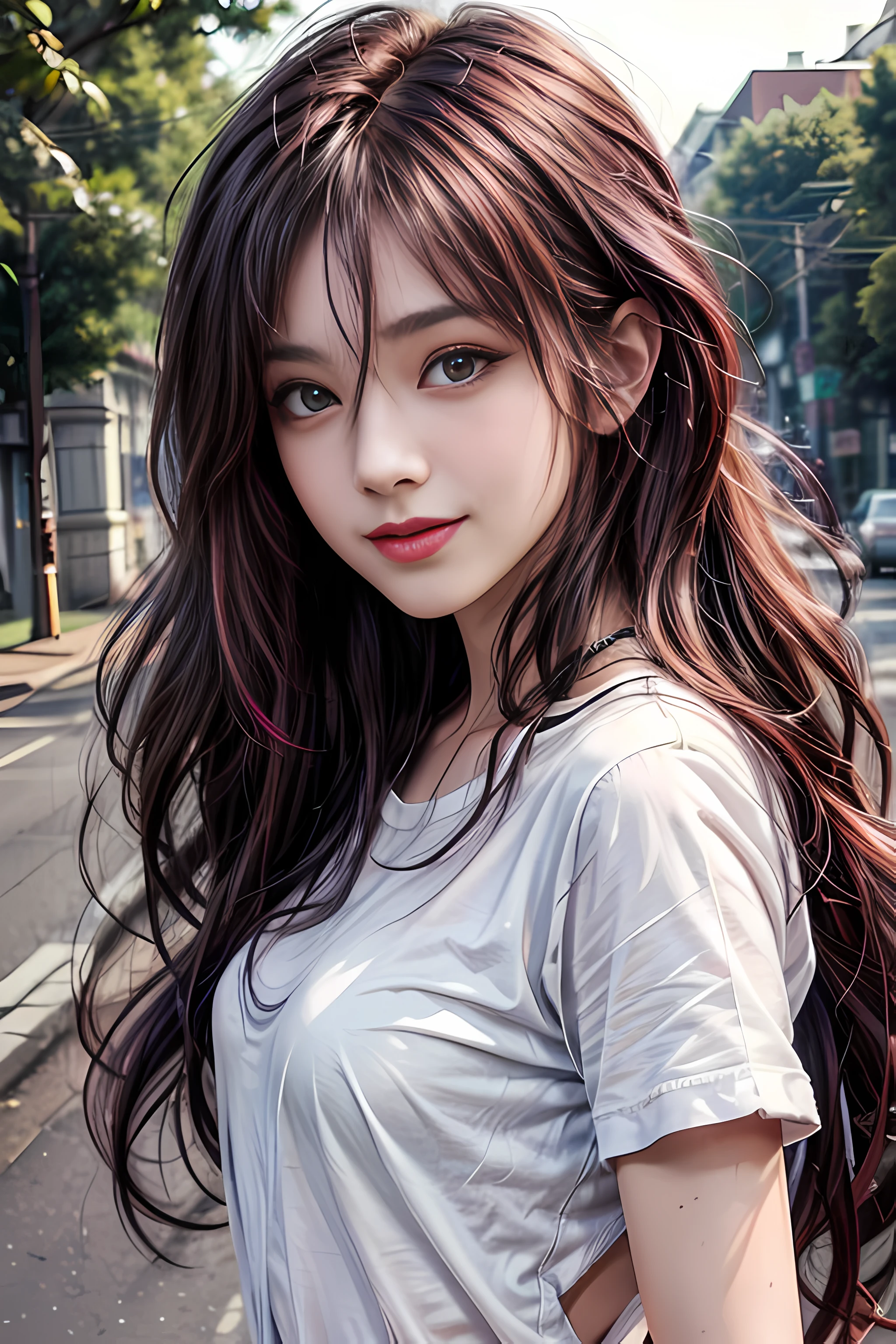 detailed eyes, detailed face, best quality , smile, (facing front), looking at viewer, white shirt, sunny day, outdoor, 1girl upperbody, dark purple red chocolate color hair dye, long way hair, thin hair, long wave hair, wavy hair, ombre hair, curly hair