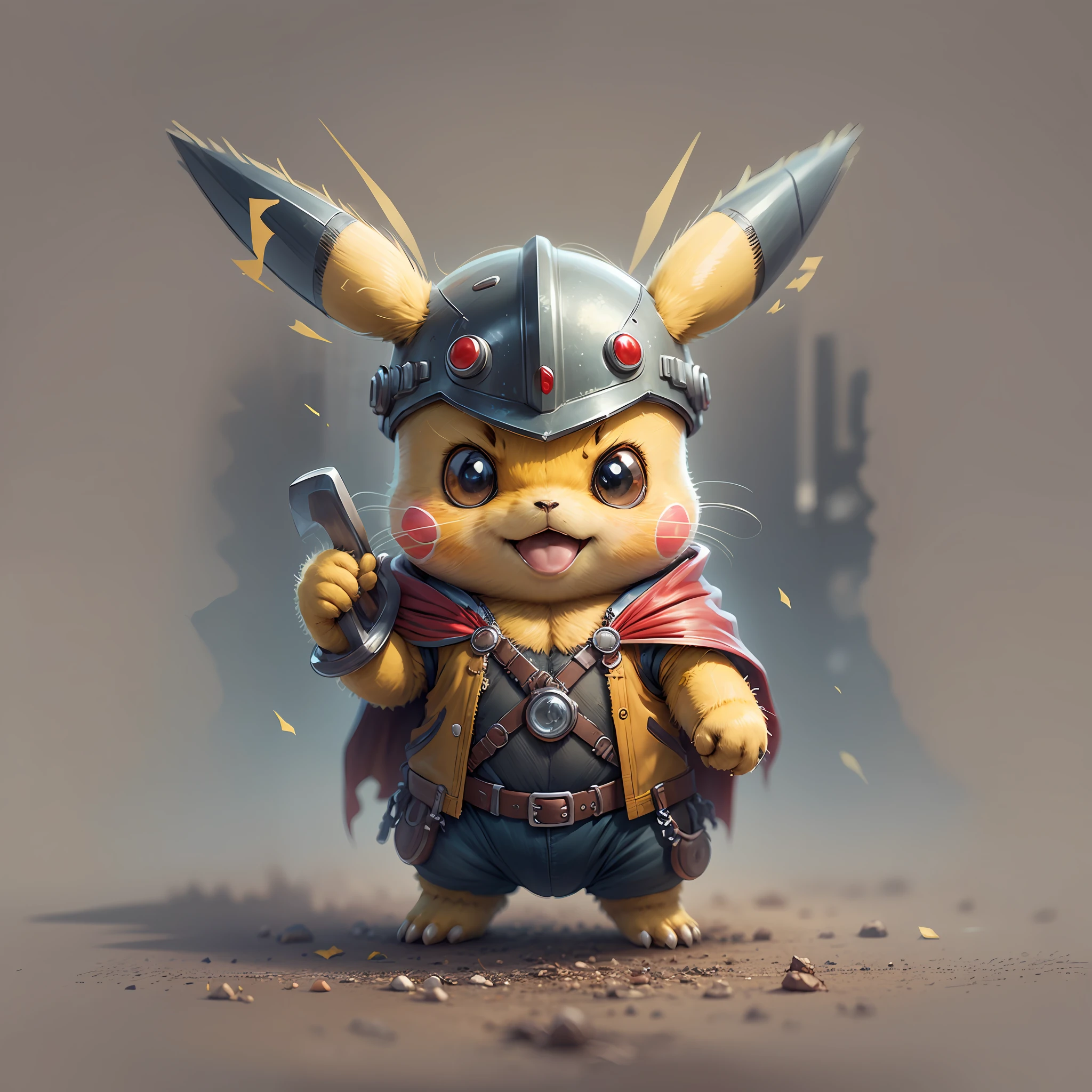 Start with a basic sketch of Pikachu, with a Thor hammer in one hand and wearing a red cape with gold accents.

Add some Thor features such as a helmet with wings and boots with metal details to add a more authentic touch to the character.

To give Pikachu a fluffy touch, overdo the dimensions of his head and ears and add rosy cheeks.

Use vibrant, cheerful colors to bring your drawing to life, with shadows and highlights that create depth and texture.

Add a suitable background to the drawing, such as a scenario that shows Pikachu in action or a simple background that doesn't distract the character's attention.

To finish, add some clean and crisp lines that highlight the characteristics of the character and add a more "cartoon" touch to the drawing. --auto --s2