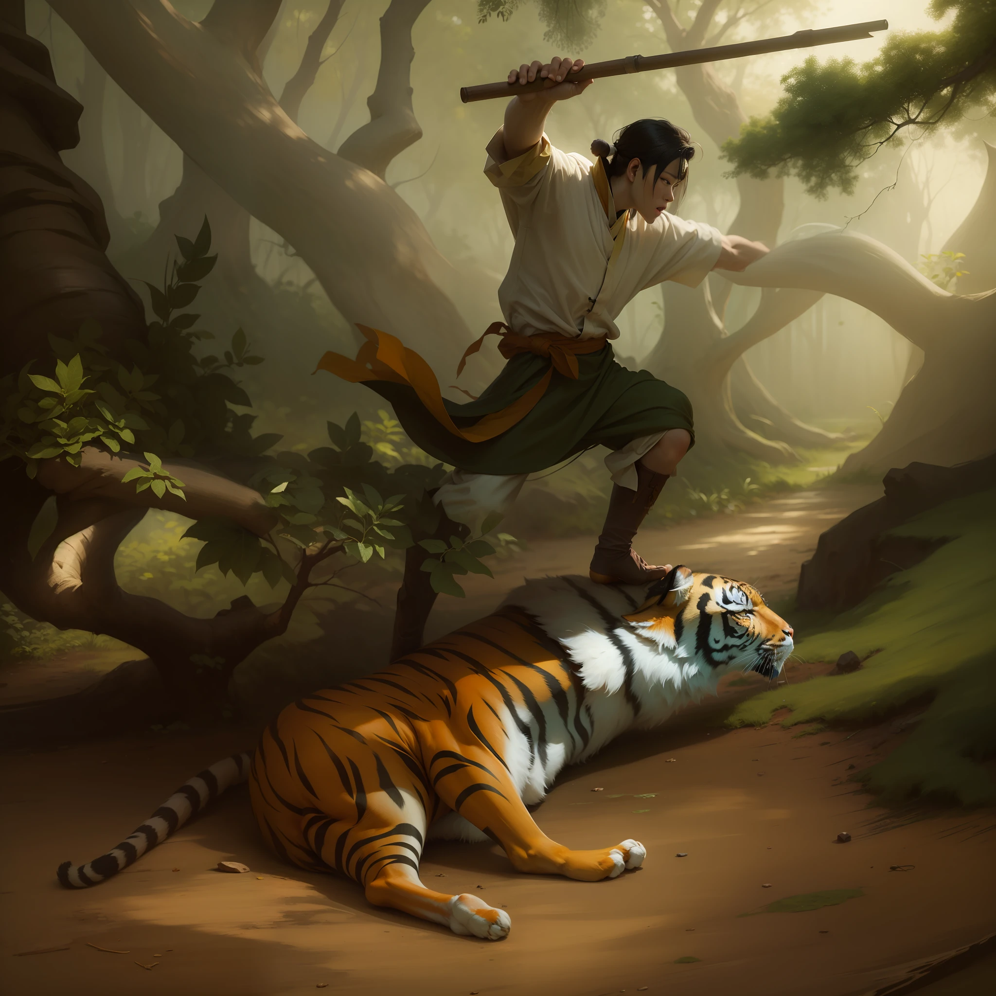 A young Chinese man in costume beats a tiger