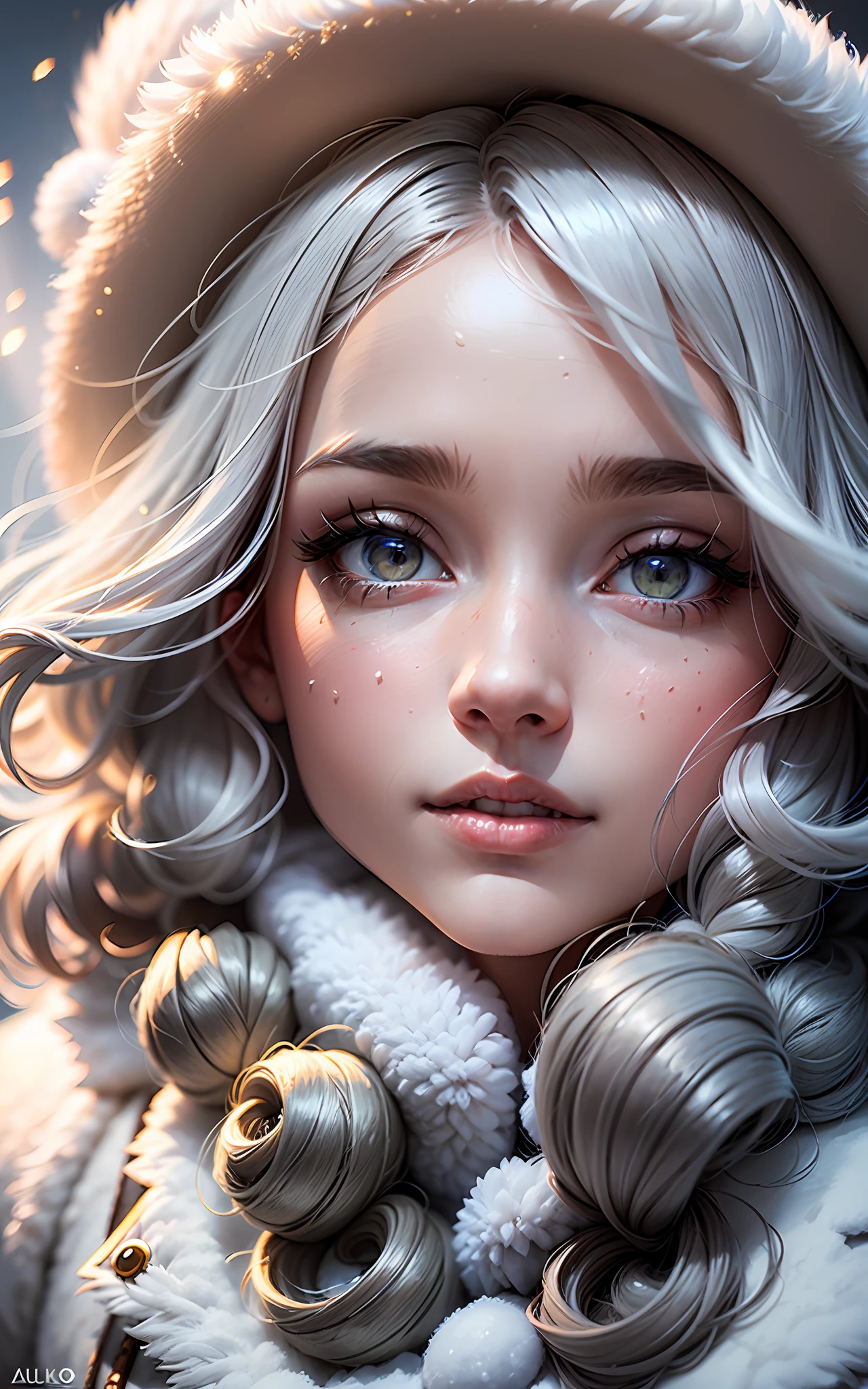 (award winning 64k concept art:1.3) of (young woman:1.2), fluffy, in fluffy white coat, white winter hat, sweet, front, epic, god rays, (portrait:1.2), (masterpiece:1.2), (best quality:1.3), Amazing, highly detailed, beautiful, finely detailed, warm soft color grading, (Depth of field:1.4), extremely detailed 64k, fine art, stunning, (light reflections:1), (crisp:1.6), silver short curls, winter, vibrant, sunlit, (edge detection:1.4), absurdres, impressive, 120mm, extremely clear, lens flare, motion lines