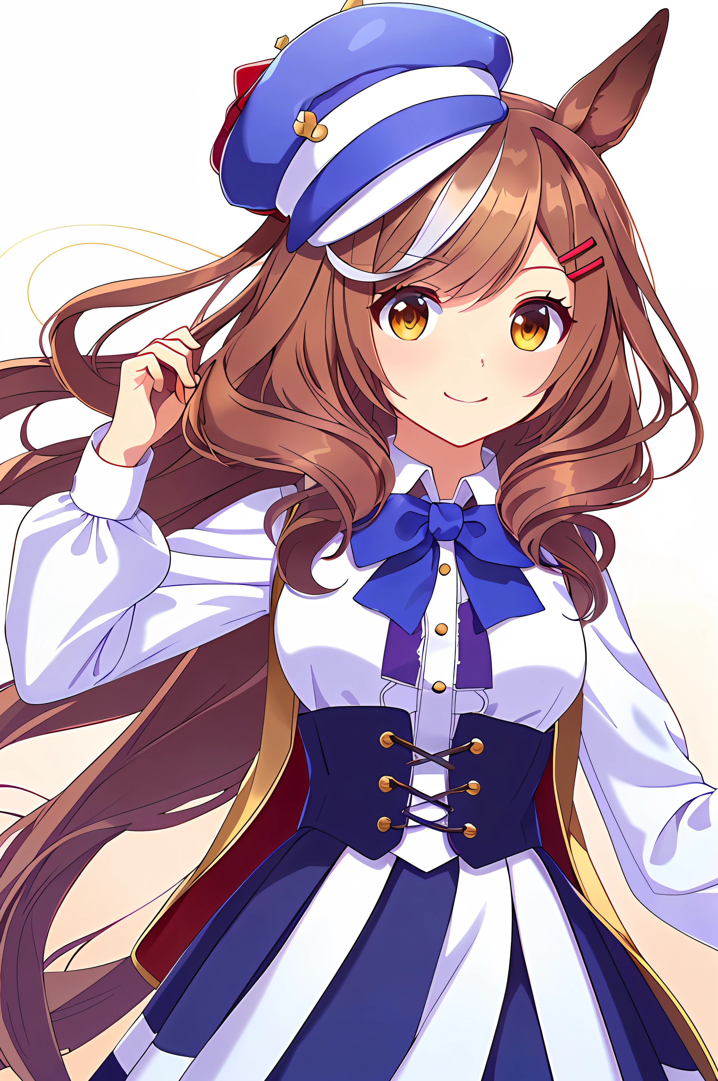 original, masterpiece, extremely detailed CG unity 8k wallpaper, highlight, best quality, bokeh,
umamusume, horse ears, animal ears, brown hair, hair ornaments, wearing a blue hat, white blouse, blue skirt, red clothes