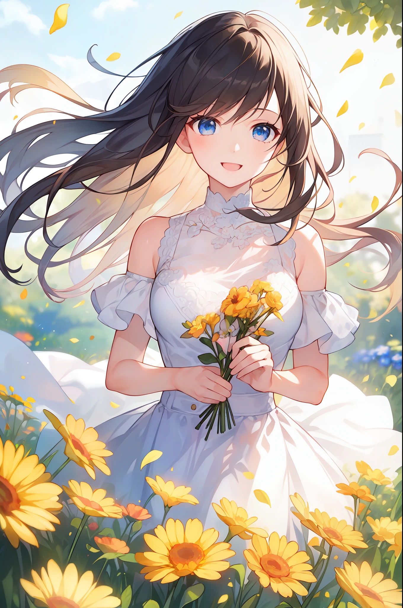 a girl holding flowers, colorful petal floating in the sky, meadow, happy, perfect quality, clear focus (clutter-home: 0.8), (masterpiece: 1.2) (Realistic: 1.2) (Bokeh) (Best quality) (Detailed skin: 1.3) (Intricate details) (8K) (Detail Eyes) (Sharp Focus), (Happy)