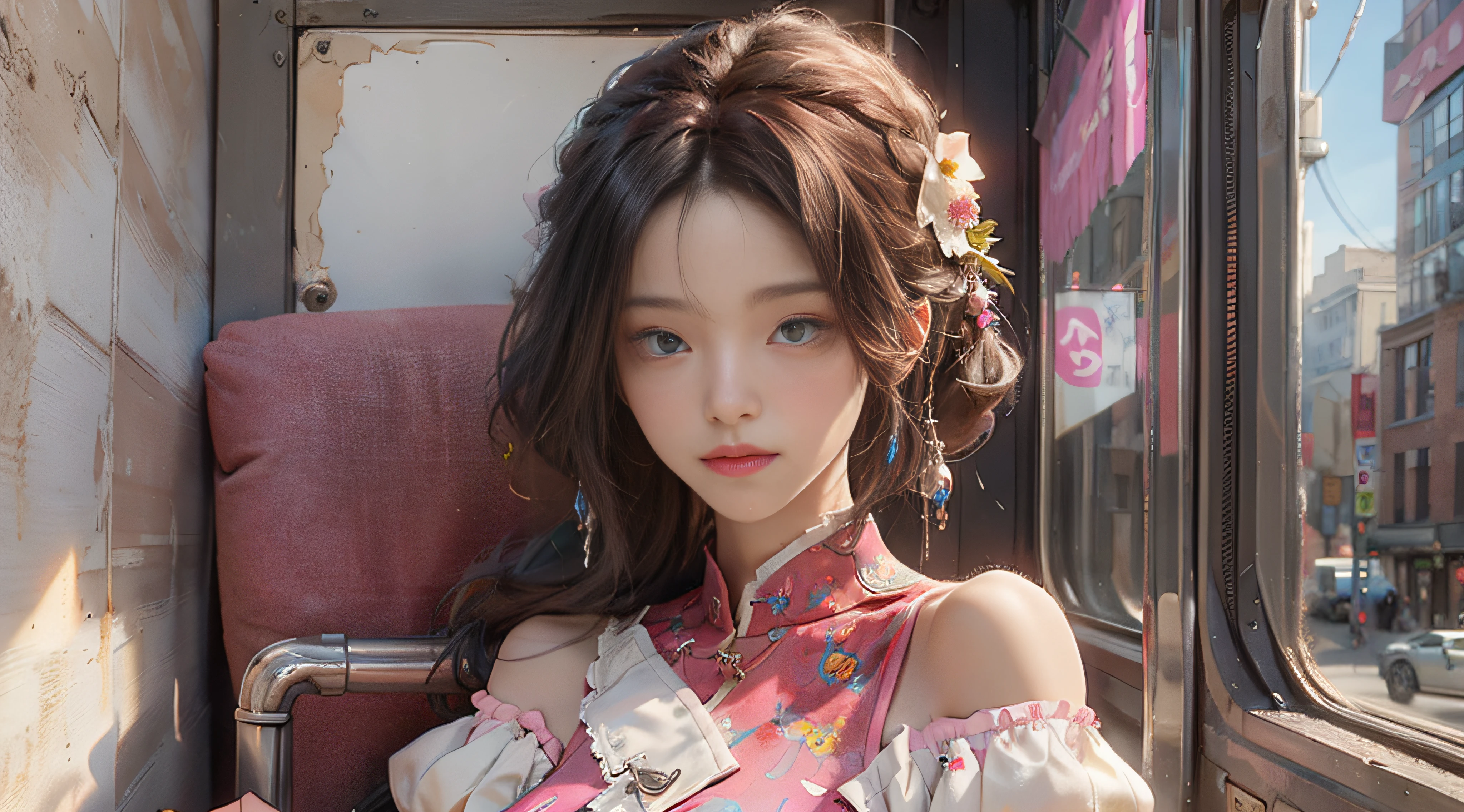 ((Best Quality)), ((Masterpiece)), (Detail: 1.4), 3D, Beautiful Cyberpunk Female Image, HDR (High Dynamic Range), Ray Tracing, NVIDIA RTX, Super Resolution, Unreal 5, Subsurface Scattering, PBR Texture, Post-Processing, Anisotropic Filtering, Depth of Field, Maximum Sharpness and Sharpness, Multi-layer Texture, Albedo and Highlight Mapping, Surface Coloring, Mitsu-Accurate Simulation of Material Interactions, Perfect Proportions, Octane Rendering, Two-color Light, Large Aperture, Low ISO, white balance, regular three-point, 8K RAW, beautiful bright pupils, off-the-shoulder clothes, fine pupils, delicate face and eyes, long eyelashes, blush, delicate and fluffy hair, pink lips, pure, cute, sweet girl, artistic sense, casual wear, high-end sense