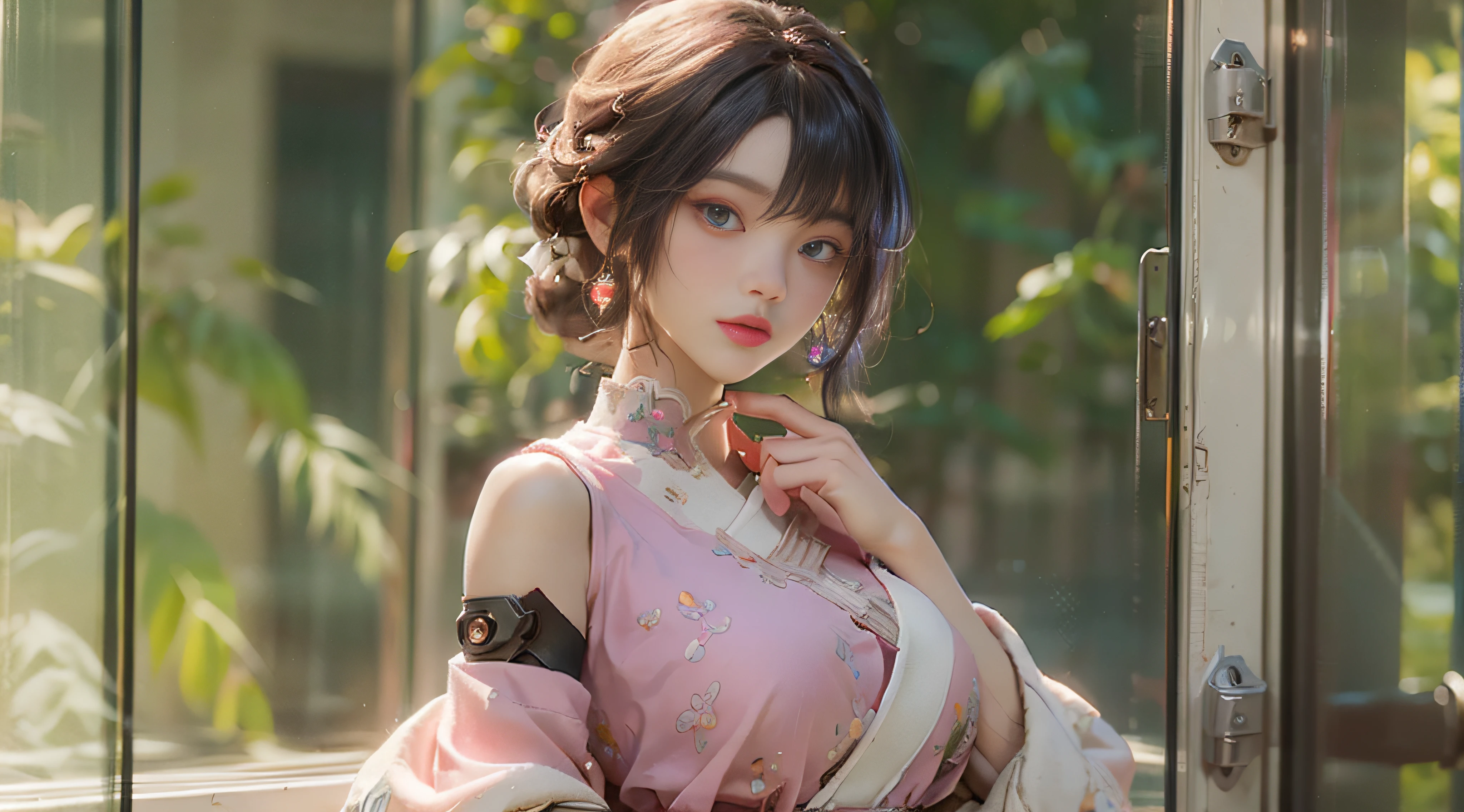 ((Best Quality)), ((Masterpiece)), (Detail: 1.4), 3D, Beautiful Cyberpunk Female Image, HDR (High Dynamic Range), Ray Tracing, NVIDIA RTX, Super Resolution, Unreal 5, Subsurface Scattering, PBR Texture, Post-Processing, Anisotropic Filtering, Depth of Field, Maximum Sharpness and Sharpness, Multi-layer Texture, Albedo and Highlight Mapping, Surface Coloring, Mitsu-Accurate Simulation of Material Interactions, Perfect Proportions, Octane Rendering, Two-color Light, Large Aperture, Low ISO, white balance, regular three-point, 8K RAW, beautiful bright pupils, off-the-shoulder clothes, fine pupils, delicate face and eyes, long eyelashes, blush, delicate and fluffy hair, pink lips, pure, cute, sweet girl, artistic sense, casual wear, high-end sense