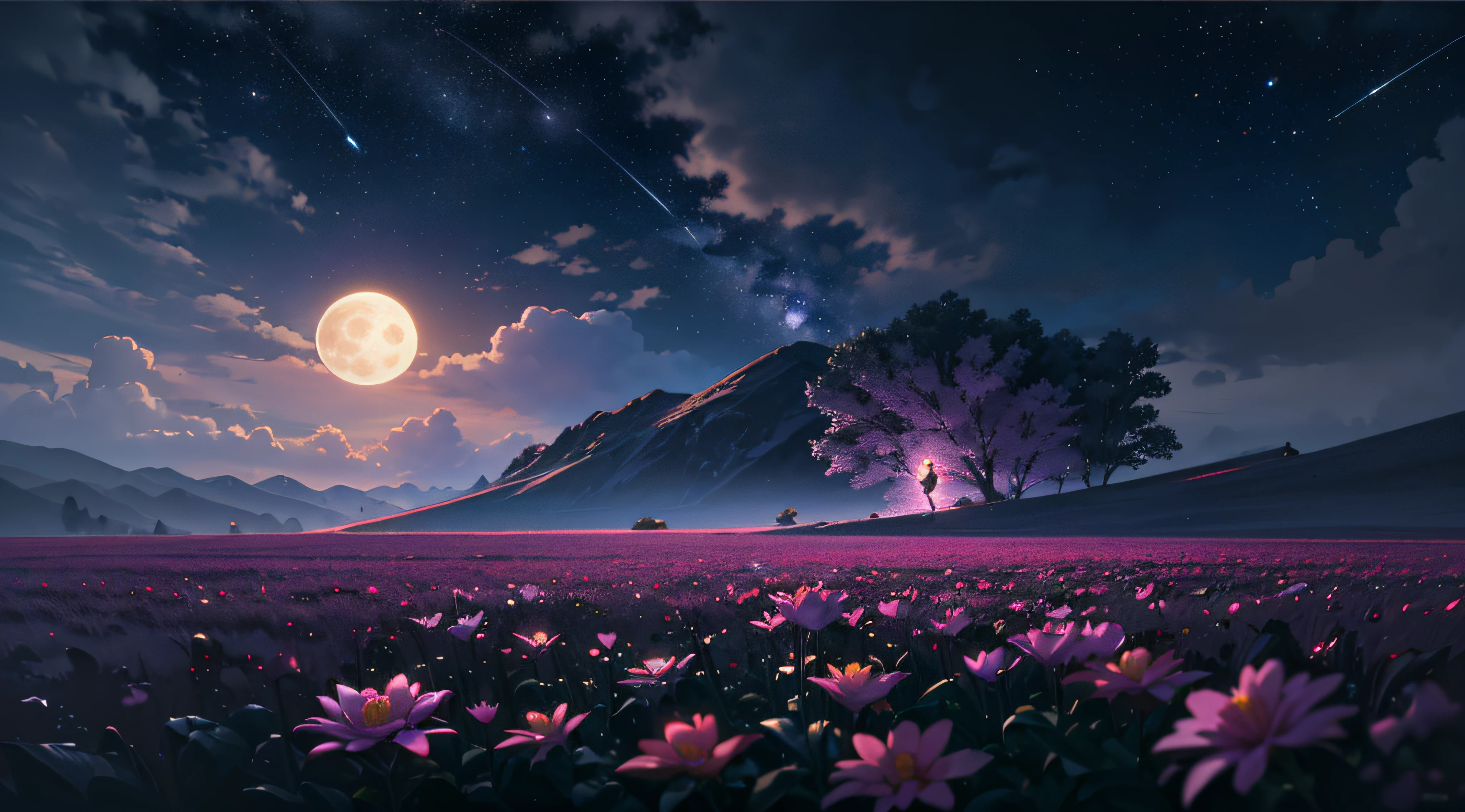 ((Best Quality)), ((Masterpiece)), Vast Landscape Photo, (From below, the sky above and the open field below), a girl standing on a flower field looking up, (Full Moon: 1.2), (Meteor: 0.9), (Nebula: 1.3), Far Mountains, Trees BREAK Making Art, (Warm Light Source: 1.2), (Firefly: 1.2), Lamps, Lots of Purple and Orange, Intricate Detailing, Volumetric Lighting, Realism BREAK (Masterpiece: 1.2), (Best Quality), 4K, Ultra-Detailed, (Dynamic Composition: 1.4), Very Detailed, Rich Detail, (Iridescent Colors: 1.2), (Glow, Atmospheric Lighting), Dreamy, Magical, (Solo: 1.2), Depth of Field, Maximum Sharpness and Clarity, Perfect Proportions,