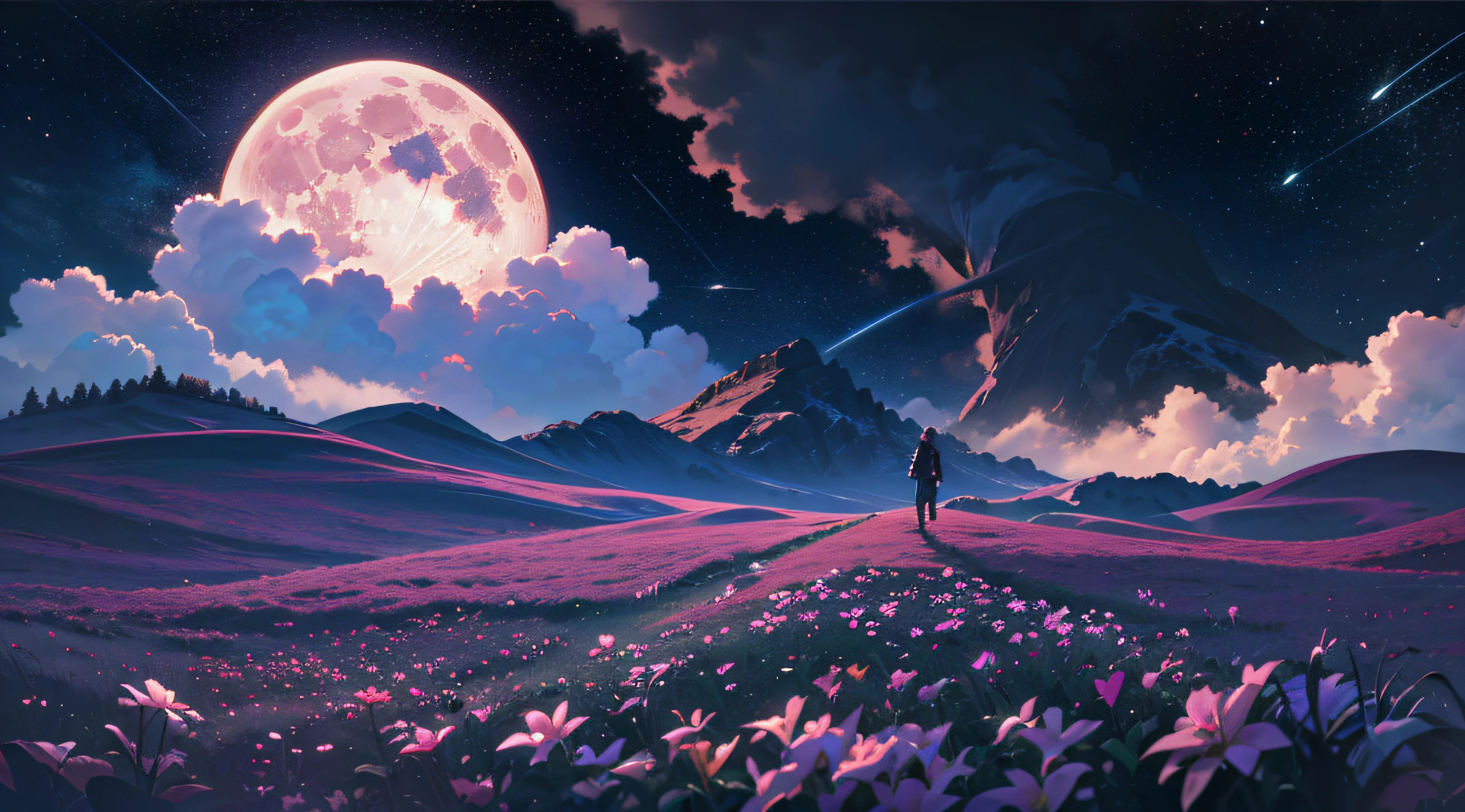 ((Best Quality)), ((Masterpiece)), Vast Landscape Photo, (From below, the sky above and the open field below), a girl standing on a flower field looking up, (Full Moon: 1.2), (Meteor: 0.9), (Nebula: 1.3), Far Mountains, Trees BREAK Making Art, (Warm Light Source: 1.2), (Firefly: 1.2), Lamps, Lots of Purple and Orange, Intricate Detailing, Volumetric Lighting, Realism BREAK (Masterpiece: 1.2), (Best Quality), 4K, Ultra-Detailed, (Dynamic Composition: 1.4), Very Detailed, Rich Detail, (Iridescent Colors: 1.2), (Glow, Atmospheric Lighting), Dreamy, Magical, (Solo: 1.2), Depth of Field, Maximum Sharpness and Clarity, Perfect Proportions,